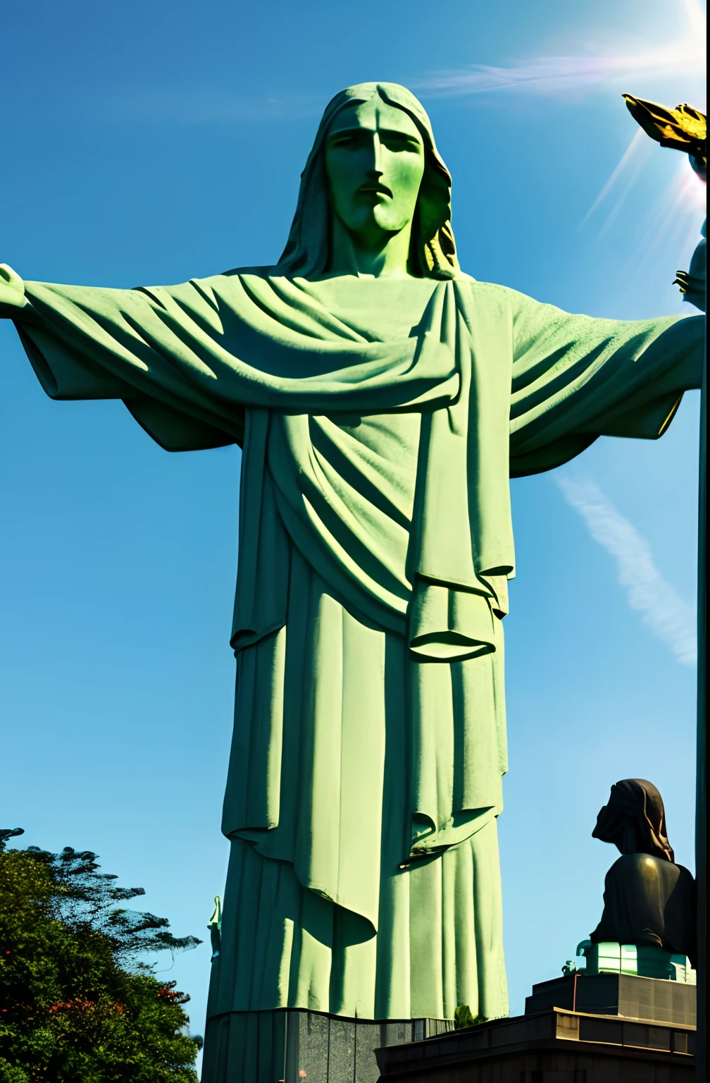 (melhor qualidade,ultra-detalhado,Realistic:1.37), cores vibrantes, HDR, statue of Jesus on a black pedestal, iconic statue of Christ the Redeemer in Rio de Janeiro