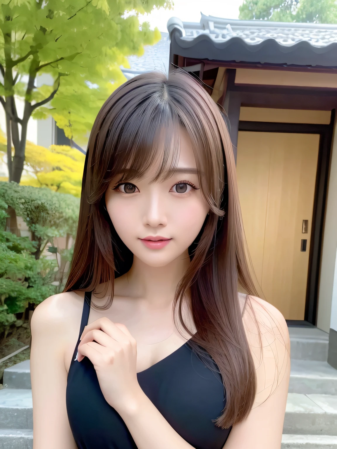 masterpiece, The highest image quality, hightquality, beautiful a girl, japanes, Japan girl, Popular Korean Makeup, detaileds, Swollen eyes, A detailed eye, Detailed skin, Beautiful skins, 超A high resolution, (Realistis:1.4), very extremely beautiful, Slightly younger face, Beautiful skins, slender, (A hyper-realistic), (illustratio), (hight resolution), (8K), (ighly detailed), (The best illustrations), (beautifully detailed eyes), (ultra-detailliert), (wall-paper), (详细的脸), looking at the viewers, finely detail、A detailed face、pureerosfaceace_v1、A smile、Looking straight ahead、Looking straight ahead、angle from waist up、photos realistic、Bright lighting、profetional lighting、bionde、length hair、Gorgeous Black Dress、a matural female、long stylish bangs、Kiss Shot