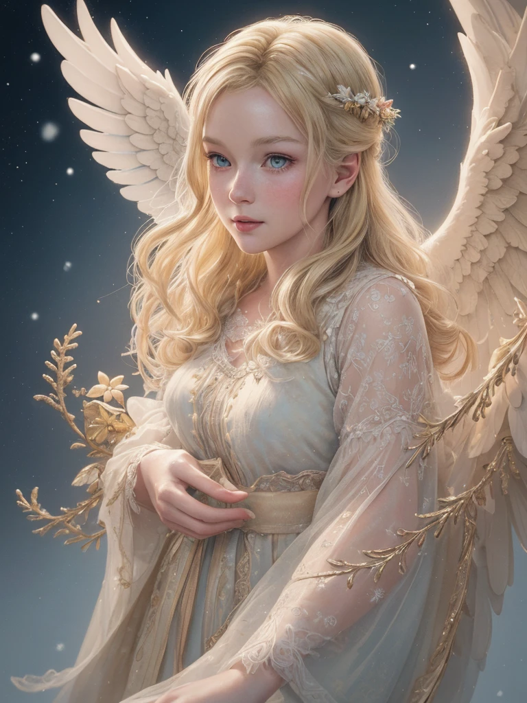 christmas vintage watercolor design, blond angel, pastel colors, centered, ultra hd, realistic, vivid colors, highly detailed, UHD drawing, pen and ink, perfect composition, beautiful detailed intricate insanely detailed octane render trending on artstation, 8k artistic photography, photorealistic concept art, soft natural volumetric cinematic perfect light