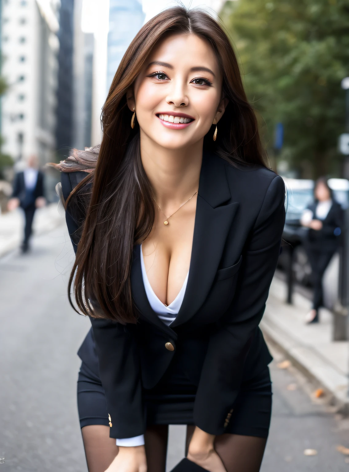 (8k, Best Quality, Masterpiece:1.2), (Realistic, Photorealistic:1.37), Ultra Detail, 1girl, Full Body, Outdoor, (long Hair:1.5) Office Lady, Black Office Blazer, cleavage, ultra miniskirt, (pantyhose: 1.2), alpha layer, high heels, beautiful earrings, cute, solo, beautiful detailed sky, (smile: 1.15), (closed mouth), enormous breasts, beautiful detailed eyes, business attire, (long hair: 1.2)