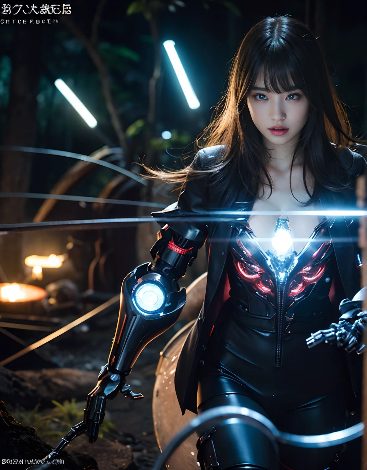 (Wearing a Devil's Bodysuit)、top-quality、masterpiece、超A high resolution、(Photorealsitic:1.4)、Raw photo、女の子1人、Fight mutants、glowy skin、(((1 Mechanical Girl)))、With a beautiful knife、(Green Metal Bodysuit)、(Fight fiercely against aliens)、Fight fiercely、(beautiful forest background)、(Fighting Demonic Beasts)、(Small LED)、((super realistic details))、portlate、(Strong giant demon beast background),globalillumination、Shadow、octan render、8K、ultrasharp、Colossal tits、Raw skin is exposed in cleavage、metals、Details of complex ornaments、Japan details、highly intricate detail、Realistic light、(Mystical expression),CGSoation Trends、Red Eyes、radiant eyes、Facing the camera、neon details、(Mechanical limbs)、(blood vessels connected to tubes)、Mechanical vertebrae attached to the back、mechanical cervical attaching to neck、(Wires and cables connecting to the head)、Gundam、Small LED、,Mechanical thighs、Toostock、(Hands are also made of machines)、(Attack of the Monster Beasts)、(Wounded in a deadly battle)、