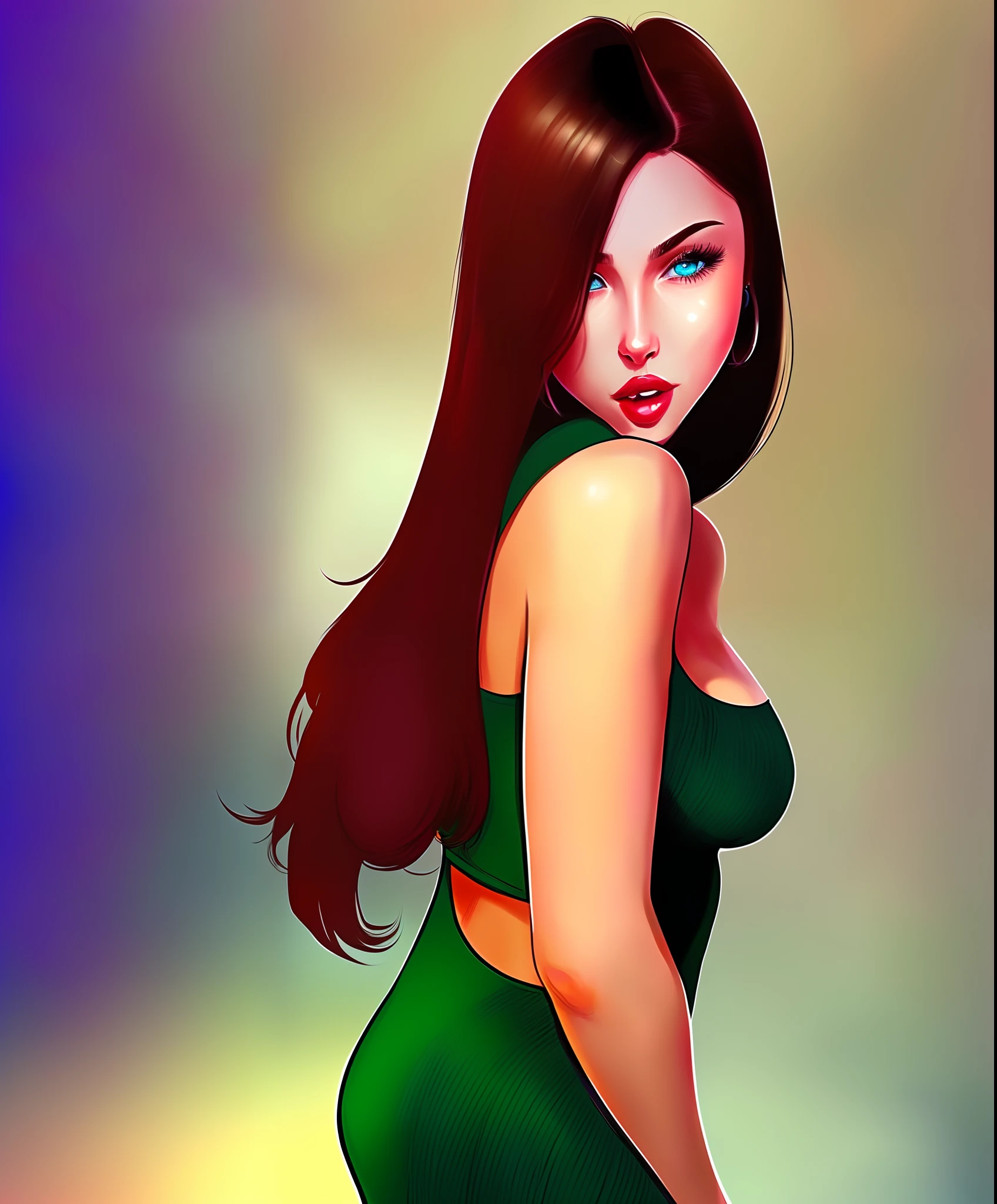 tall, tan woman, long pointed ears, bright green eyes, long dark purple hair, in a tight black dress, DC comic