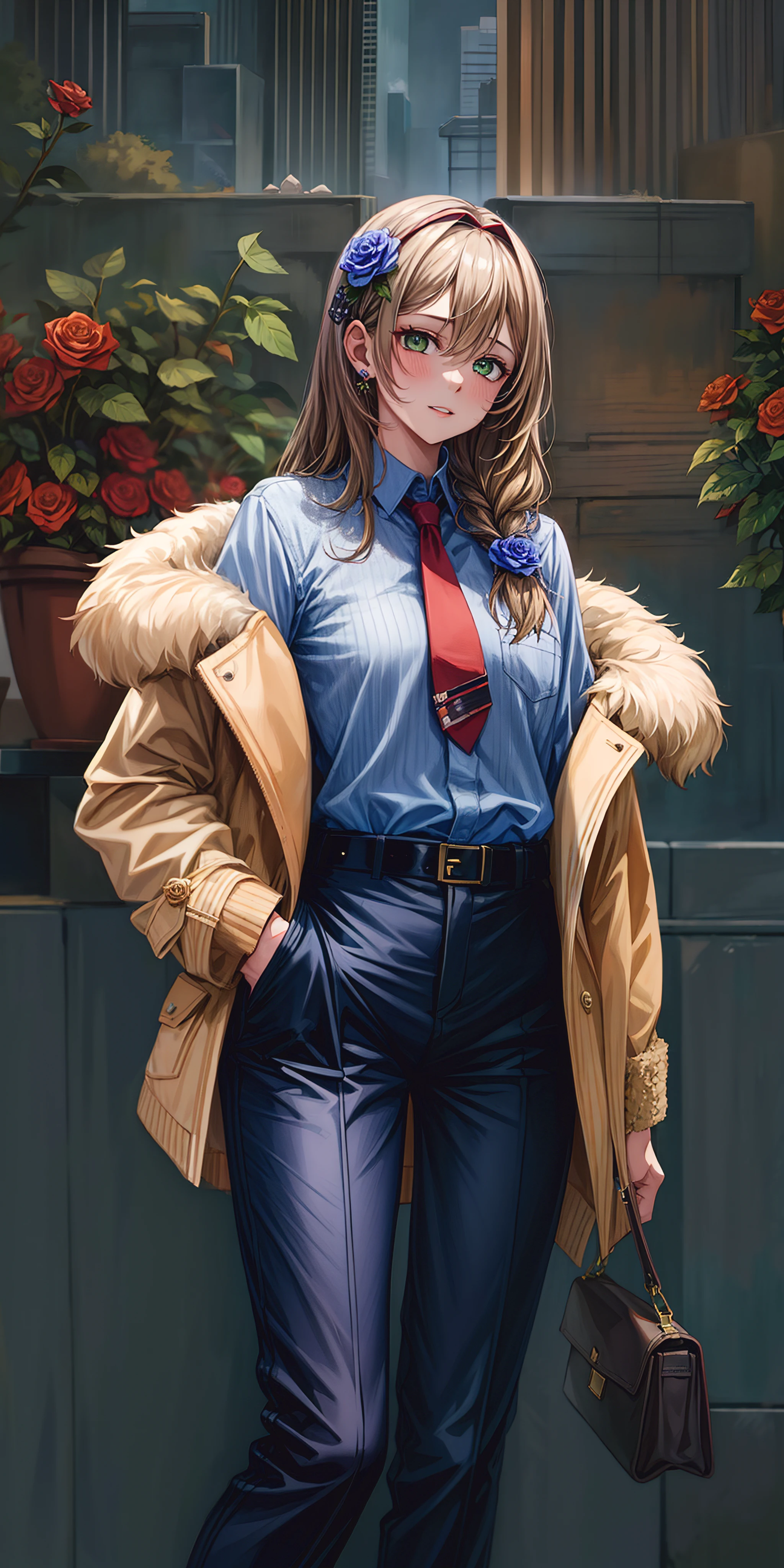 long_hair, green_eyes, bangs, brown_hair, flower, rose, purple_flower, hair_between_eyes,  hair_ornament, flower, purple_rose, autumn_leaves, 1girl, necktie, long_hair, solo, belt, pants, fur_trim, looking_at_viewer, hairband, bangs, coat, red_neckwear, jacket, fur-trimmed_coat, standing, blue_eyes, black_pants, shirt, hands_in_pockets, "Photorealistic, Hyperrealistic, Hyperdetailed, analog style, soft lighting, subsurface scattering, realistic, heavy shadow, masterpiece, best quality, ultra realistic, 8k, golden ratio, Intricate, High Detail, film photography, soft focus"