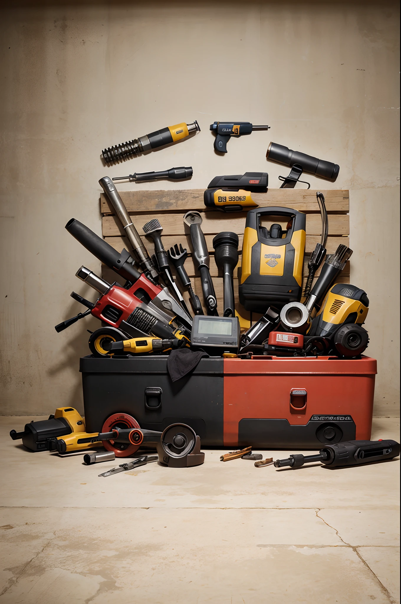 create a background full of various kinds of power tools, cinematic