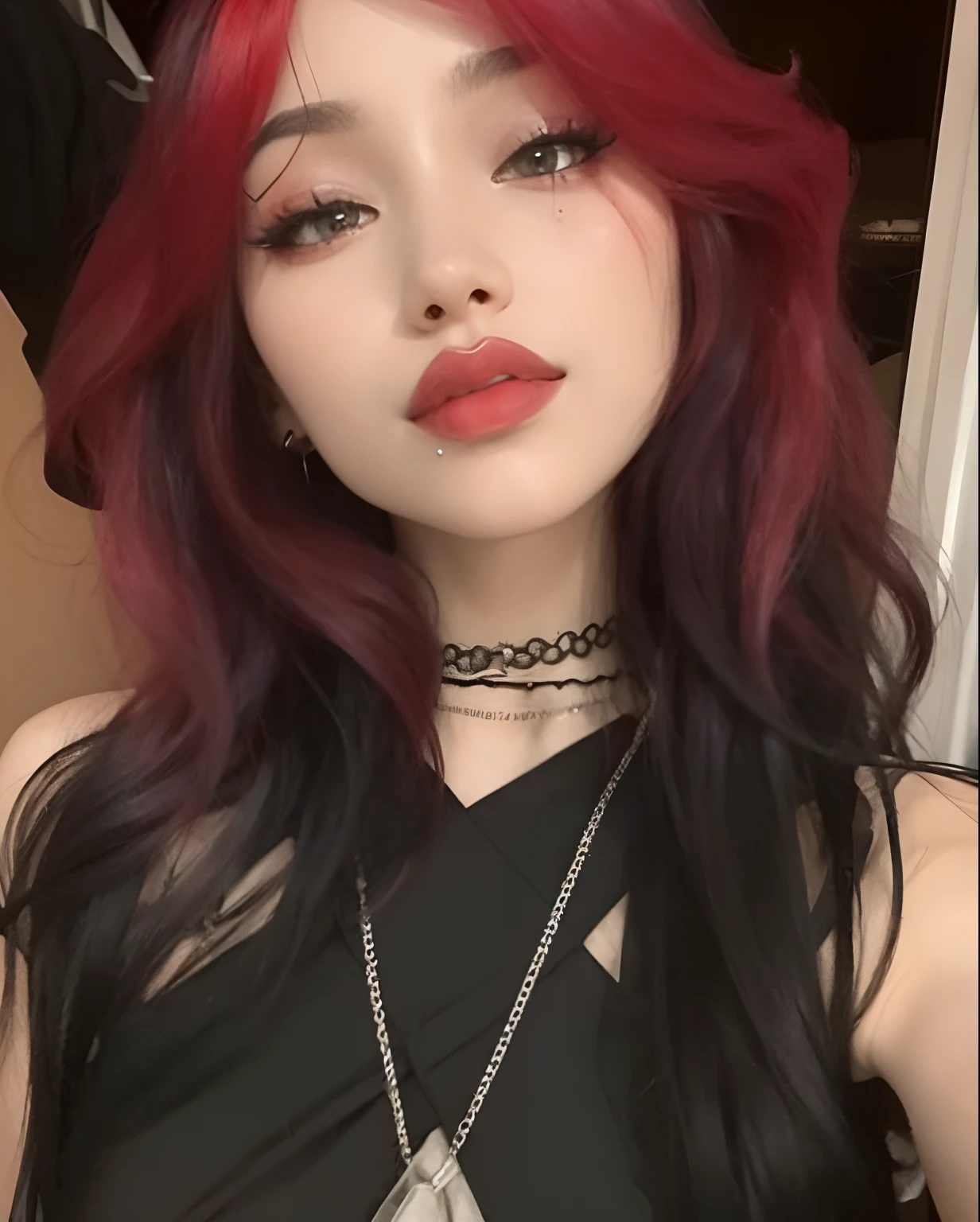uma mulher com cabelo vermelho e top preto posando para uma foto, cruel korean goth girl, cabelos pretos e ruivos, messy black / red hair, cabelos pretos e ruivos, 1 7 - year - old goth girl, goth girl aesthetic, tons de preto e vermelho, tons de vermelho e preto, 1 7 - year - old anime goth girl, com cabelos ruivos, cabelos tingidos de vermelho