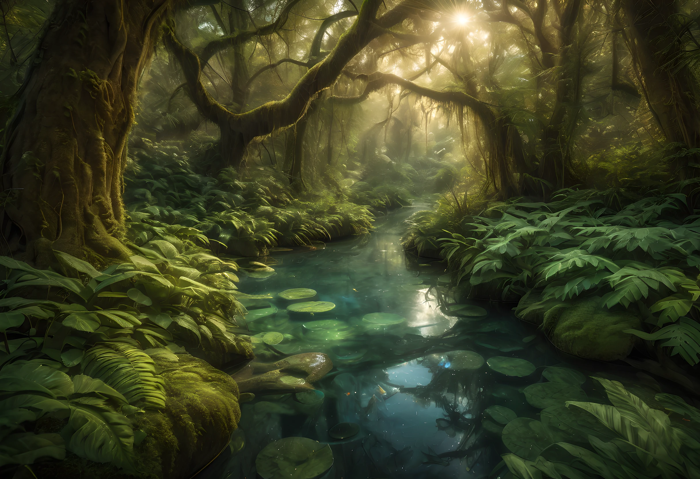 The Enchanted Waters: Enter a magical realm where a mystical stream flows through a mystical forest. The water shimmers with a soft, ethereal glow, while the trees whisper secrets to one another. Lose yourself in the enchanting beauty of this hidden oasis