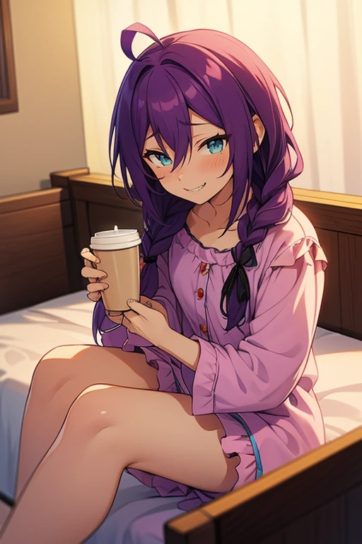 long hair, mole under mouth, purple hair, single braid, hair between eyes, aqua eyes, sharp teeth, ahoge, 1girl, blush, smile, frilly pink pajamas, shorts, sitting on the bed, holding a coffee cup, bedroom, night, thighs