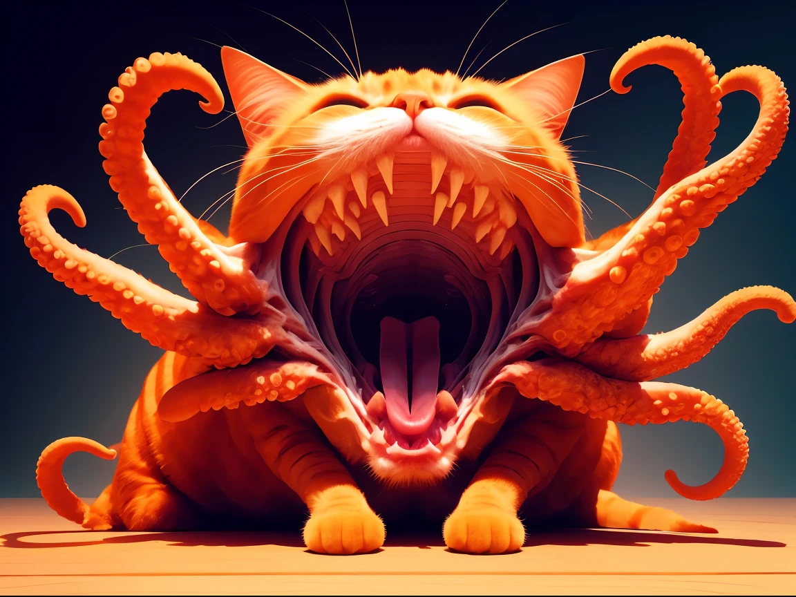 there is an orange cat with an octopus in its mouth, shaped tongue,  tentacles around, teths and tentacles, tentacles, many suckered tentacles. cat detailed