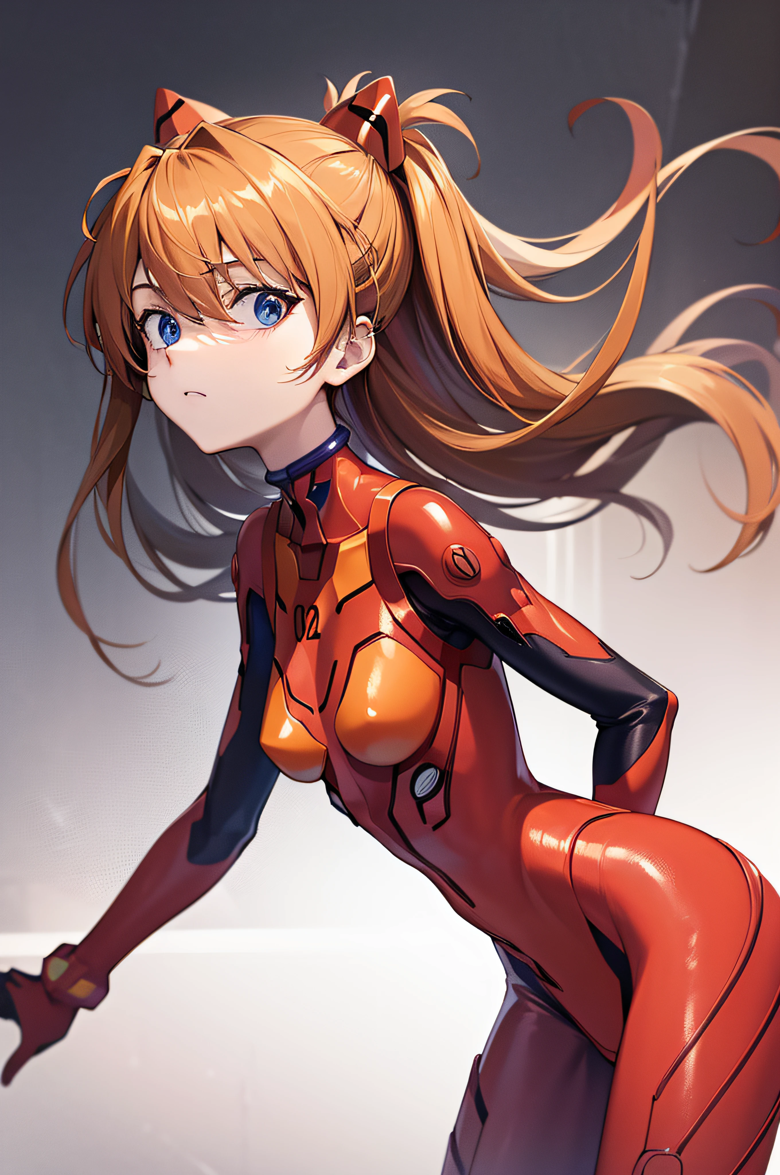 (masterpiece), best quality, expressive eyes, perfect face, 1girl, solo, souryuu asuka langley, interface headset, red bodysuit, leaning forward, hands on waist, standing, portrait, laboratory background, looking at the viewer