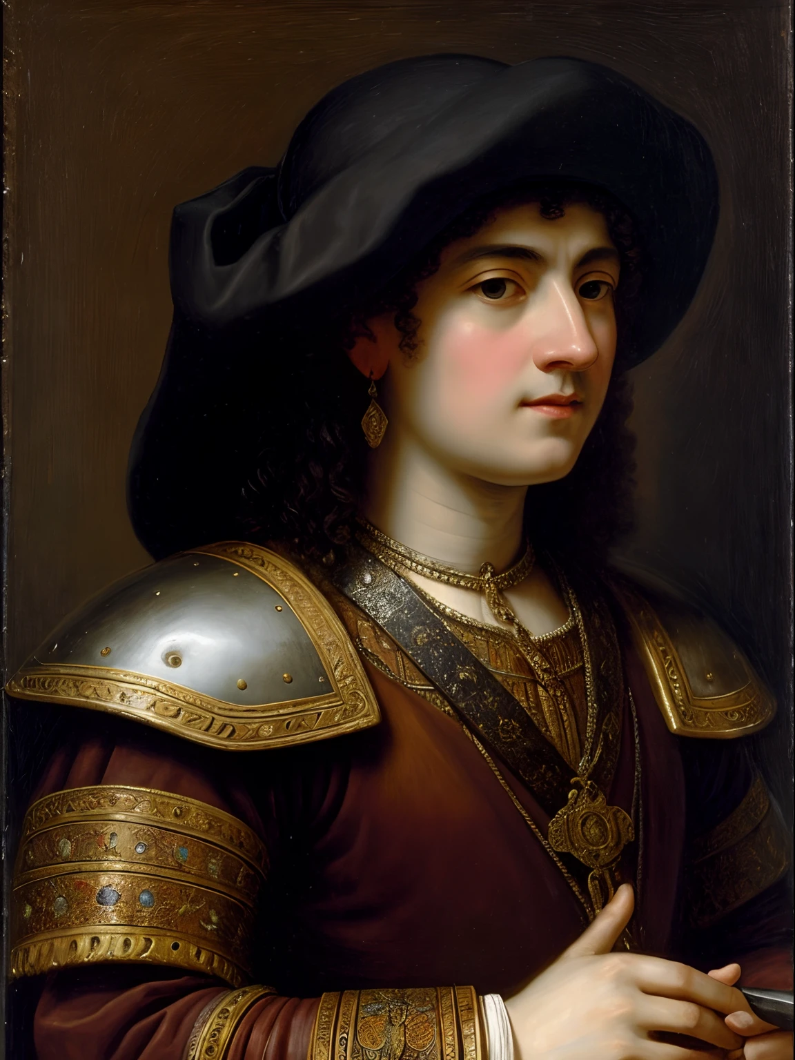 A medieval soldier in a spanish gambosin armor, day, moor, middle eastern, dark skin, middle eastern skin, african, greying hair, medieval aesthetics, sharp focus, intricate details, highly detailed, depth of field, sharp focus, high detail, Impressionism, no helmet or hat, Detailed oil painting, Glazing, Tenebrism, scumbling, oil painting, baroque style, by Rembrandt, by Artemisia Gentileschi