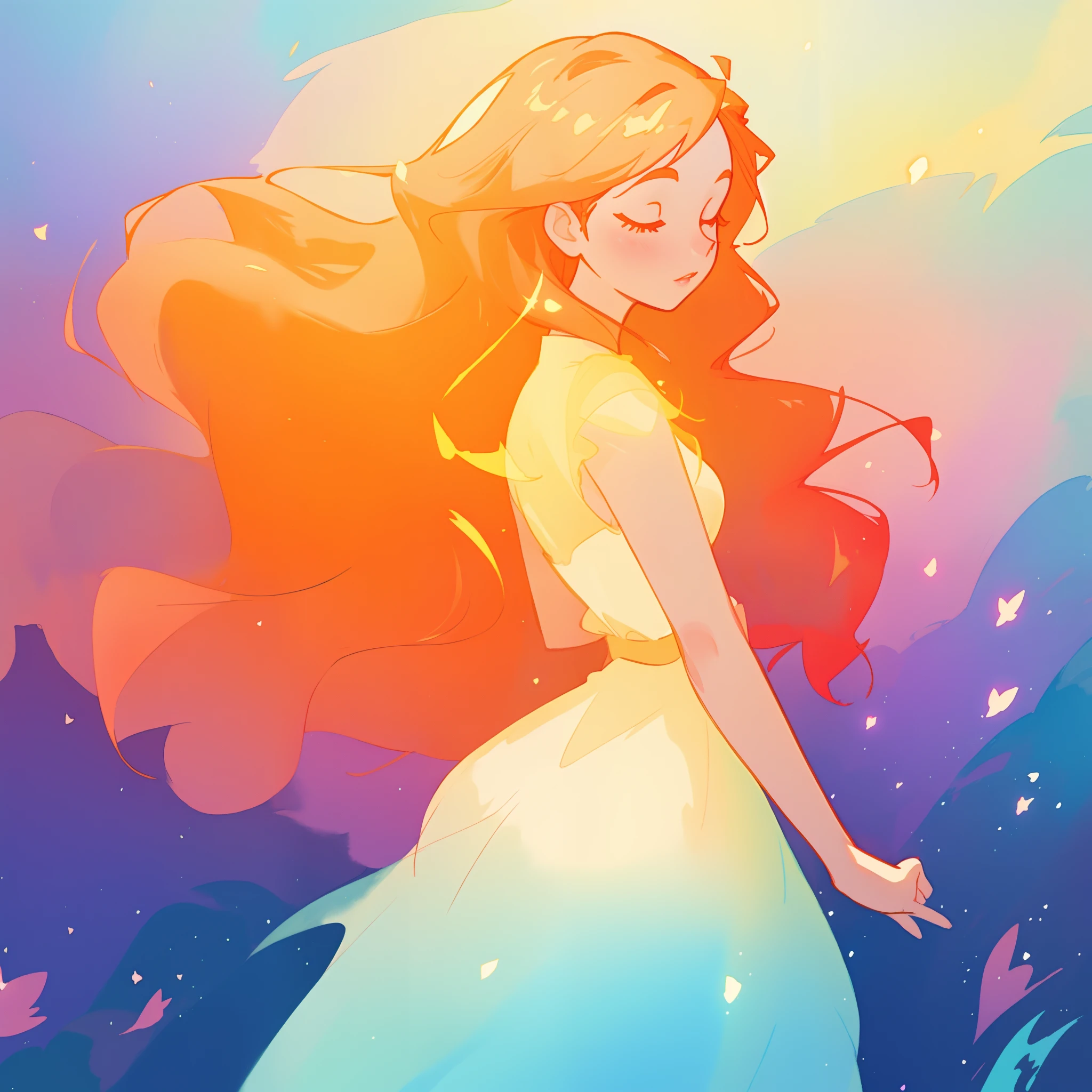 beautiful girl in flowing puffy gradient gold to aqua ballgown, long sparkling red hair, delicate gold crown, fantasia background, watercolor illustration, inspired by Glen Keane, inspired by Lois van Baarle, disney art style, by Lois van Baarle, glowing aura around her, by Glen Keane, jen bartel, glowing lights! digital painting, flowing glowing hair, glowing flowing hair, beautiful digital illustration, fantasia otherworldly landscape plants flowers, beautiful, masterpiece, best quality, anime disney style