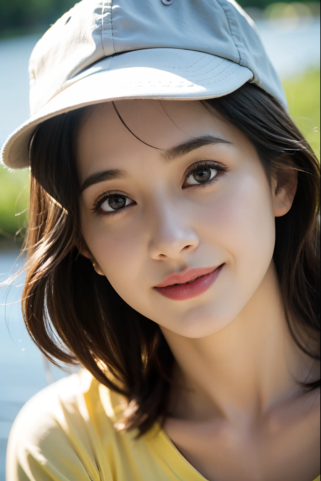 very skinny , ,pelo largo , girl ,large eyes ,indian Allison Mack , latina, blurry, , brown hair , happy , , soft skin, , expressive eyes ,, blue t-shirt, , , short short , at the river, close-up shot, , shallow depth of field, bokeh, . , hat sun , ,