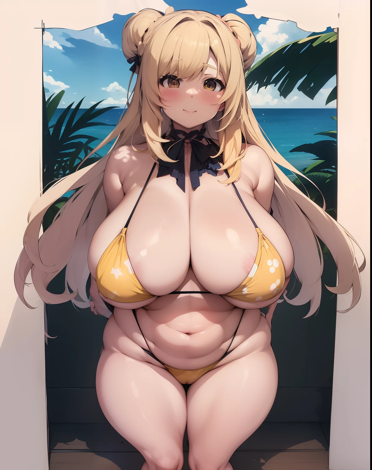 chica anime con pecho grande sentada en una silla en bikini, small curvy loli, Thicc, Proporciones OPPAI, Ella tiene un vientre redondo y gordo y tembloroso, OPPAI, Marin Kitagawa Fanart, Mejor valorado en Pixiv, seductora chica de anime, en la playa, Junko Enoshima, is wearing a swimsuit, Shikamimi, swimsuit