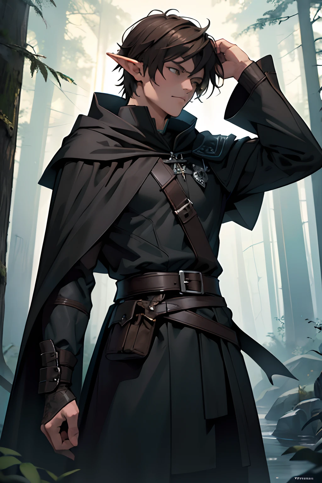 beste-Qualit, tmasterpiece, extra high resolution, Detailed, realisti, 独奏, ember, Wood Elf Ranger, (with short brown hair:1.3), An elf dressed in a black hooded ranger,(Pathfinder class:1.4), Serious look,(in black leather clothing:1.2), Ranger Warrior, Elf in a hood, Thin and tall, Full-length, (Slim:1.3), Very tall, Enigmatic, Hooded, Wearing a black cloak at the back, in front of a forest background, Medieval times, fantasy, Odin, On the right hand is a glove, Black Dark Cape, (black cloak:1.4), D&D, Depth of field,(Ultra-detailed:1.3), Finely detailed, Ultra-detailed, (dynamicpose:1.2),(centered, scale to fit the dimensions, the rule of thirds), hight resolution, sharp-focus,(Ultra Detailed, Extremely detailed),(Photorealistic works of art),(чрезвычайно детализированные CG Unity 8k),(((bright colours, A striking theme))),(Intricate),(Masterpiece),(Best Quality).