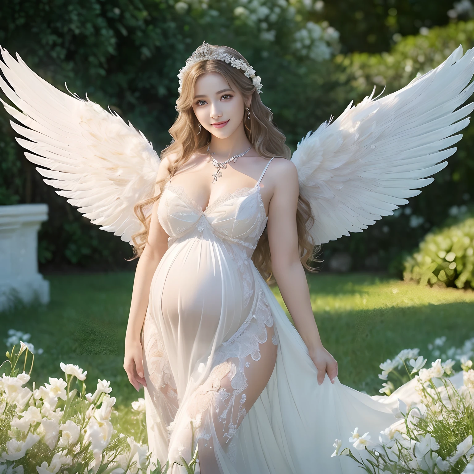 (((masutepiece、top-quality、Highly complex and detailed depictions)))、((Very beautiful angel queen、Maternal smile,mothers,Smile、Beautiful smile,Above the knee、Pregnant、slightly bulging belly、A dress that tightens the waist、full body Esbian、Final Form as Perfect Angel, ,Huge and realistic angel wings,The most dignified feathers,The most detailed and intricate angel wings、King of Angels,The most dignified angel,Shimmering white feathers、Plumage gives off a transparent shine、Graceful and classy pose、Filled with Divine Light、a large amount of white flowers,、Walk through a vast flower garden、Walk through a field of white flowers、It is full of white flowers、Blooming profusely with white flowers、Flower garden filled with white flowers、A field of white flowers、White Glowing Flowers、Flowers with a fairytale glow、Angels bathed in the sacred soft light、spectacular movie lighting、The most classy white dresses、Very noble、refinement、top grade、Fairy tale brilliance、Wings shine in fairy tales、The most massive pure white princess dress, The finest necklaces,artistic décor,Intricate and solemn dress of an angelic masterpiece,White decorative dress,Huge Princess Dresses,The most majestic figure of the angel,The most intricately depicted angelic figures,Feathers that shine like a fairy tale、The plumage gives off a snow-white shine、The plumage gives off a translucent fairytale glow、Unimaginable beauty,The most intricate and beautiful dresses,Accurate reproduction of the perfect angelic detail,The figure of an unimaginably beautiful angel)),((Most beautiful face,Half Japan and half Spanish,Maternal tenderness、Maternal smile,Beautiful wavy hair,The most luxurious and intricate dresses,stares at the camera、Giant wings of angels,masutepiece,8K,very intricate,ultra-detailliert))