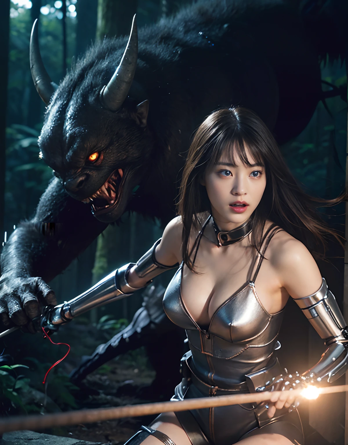 (1 Mechanical Girl)、top-quality、masterpiece、超A high resolution、(Photorealsitic:1.4)、Raw photo、1人、Fight mutants、glowy skin、(((1 Mechanical Girl)))、With a beautiful knife、(Red Metal Bodysuit)、(Fight goblings、ogre、Fierce battle with orcs),(Fight fiercely against aliens)、Fight fiercely、(beautiful forest background)、(Fighting Demonic Beasts)、(Small LED)、((super realistic details))、portlate、(Strong giant demon beast background),globalillumination、Shadow、octan render、8K、ultrasharp、Colossal tits、Raw skin is exposed in cleavage、metals、Details of complex ornaments、Japan details、highly intricate detail、Realistic light、(Mystical expression),CGSoation Trends、Blue eyes、radiant eyes、Facing the camera、neon details、(Mechanical limbs)、(blood vessels connected to tubes)、(Wires and cables connecting to the head)、Small LED、,Mechanical thighs、Toostock、(Hands are also made of machines)、(Attack of the Monster Beasts)、