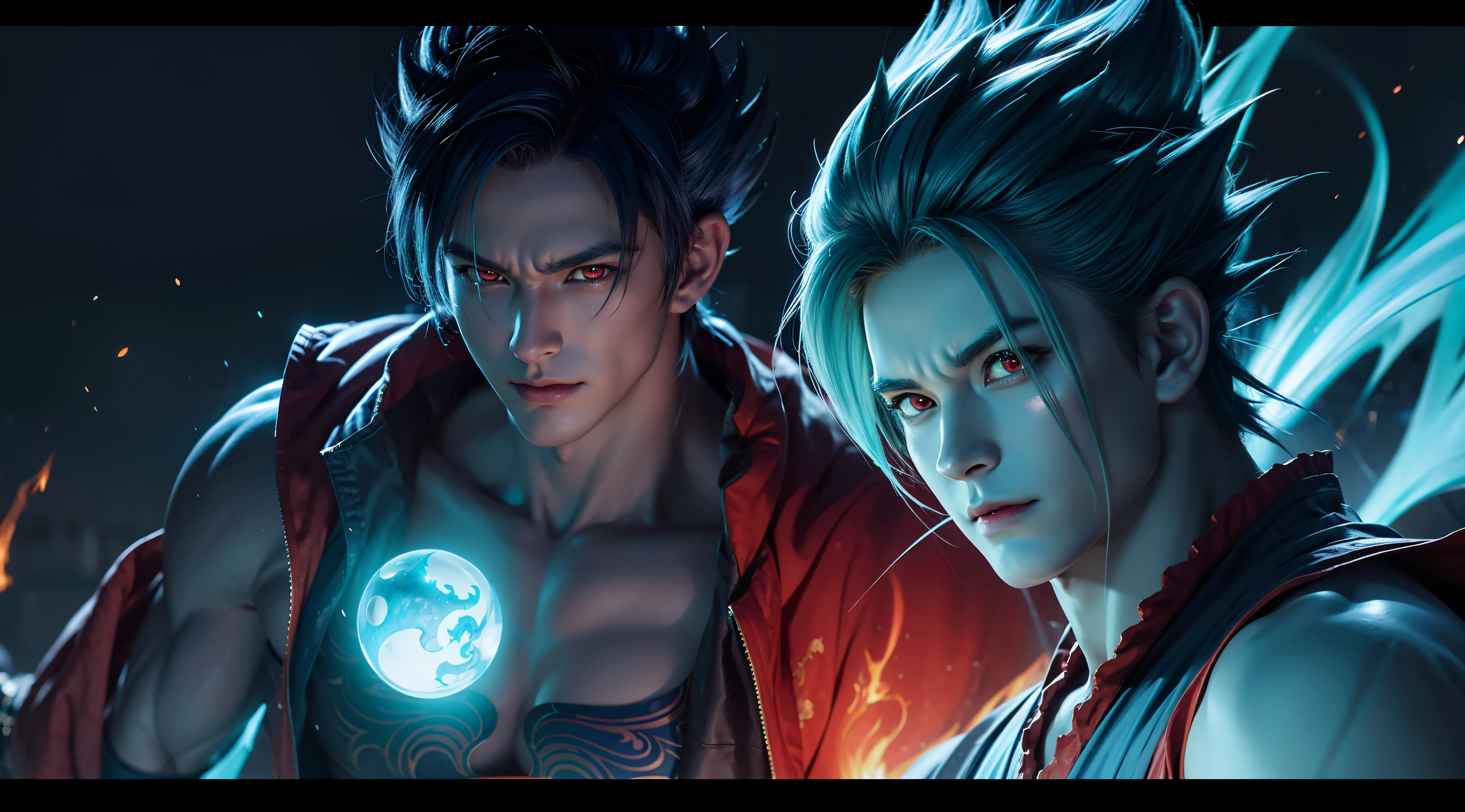 Green Gohan demon god with handsome face, glowing blue hair and tattoo, glowing red eyes, transformed state mode, extreme instinct, epic anime about energy man, fire, lava , epic anime artwork, concept art Dragon Ball Universe Concept, 8k manga wallpaper, detailed digital anime art, advanced digital anime art, detailed anime artwork , bad anime 8k