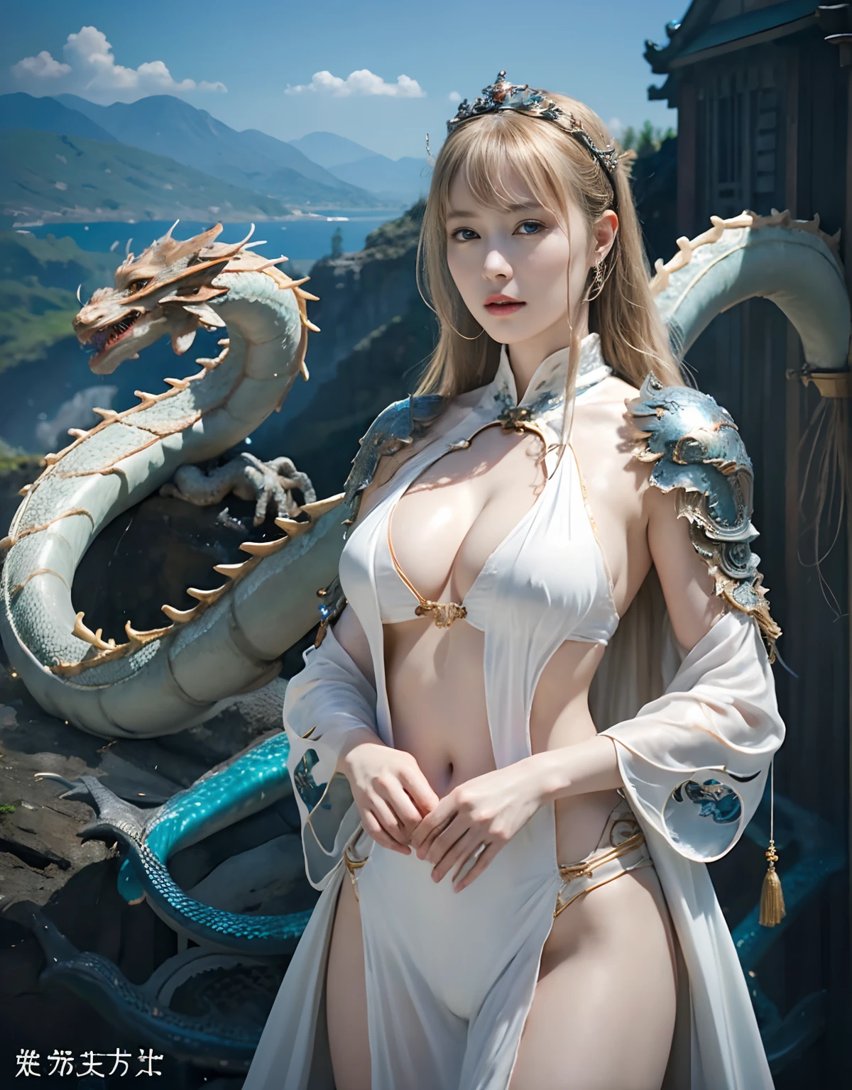 top-quality、masterpiece、超A high resolution、(Photorealsitic:1.4)、Raw photo、1人、(((Chinese White Dragon Background))),(Armor with beautiful patterns in every detail)、(((heavy breasts))),glowy skin、(((Cliff background、Large mountain ranges、falls))))、(Random hair),(((Detailed Micro Bikini Armor)))、(((Mystical expression))),(((glowy skin))),(Gorgeous blue rubber body))、(Background of decaying dungeon ruins)、(Ultimate Beauty))、(Full Body Angle)、((super realistic details))、portlate),globalillumination、Shadow、octan render、8K、ultrasharp、Colossal tits、Raw skin is exposed in cleavage、Details of complex ornaments、Japan details、highly intricate detail、Realistic light、(Mystical expression),CGSoation Trends、Blue eyes、radiant eyes、Facing the camera)、Toostock、Ultimate Beauty、Detailed sword)、(((dragon background))),Precipitous cliffs、