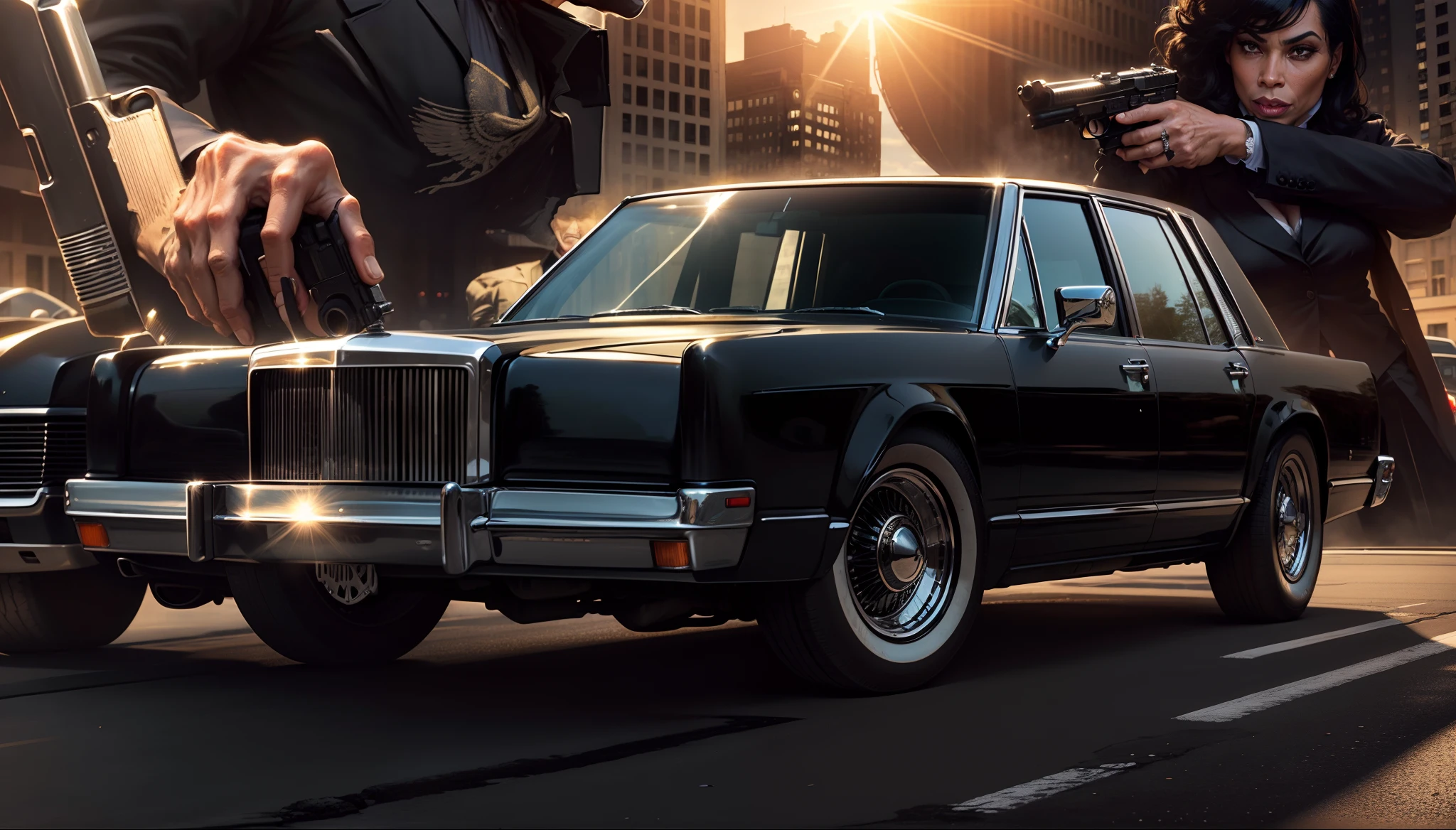 An imposing, classic black Lincoln Continental in the foreground, behind a close-up of a gangster armed with a pistol and a beautiful gangster woman holding a pistol and the sun and buildings of a street in the USA