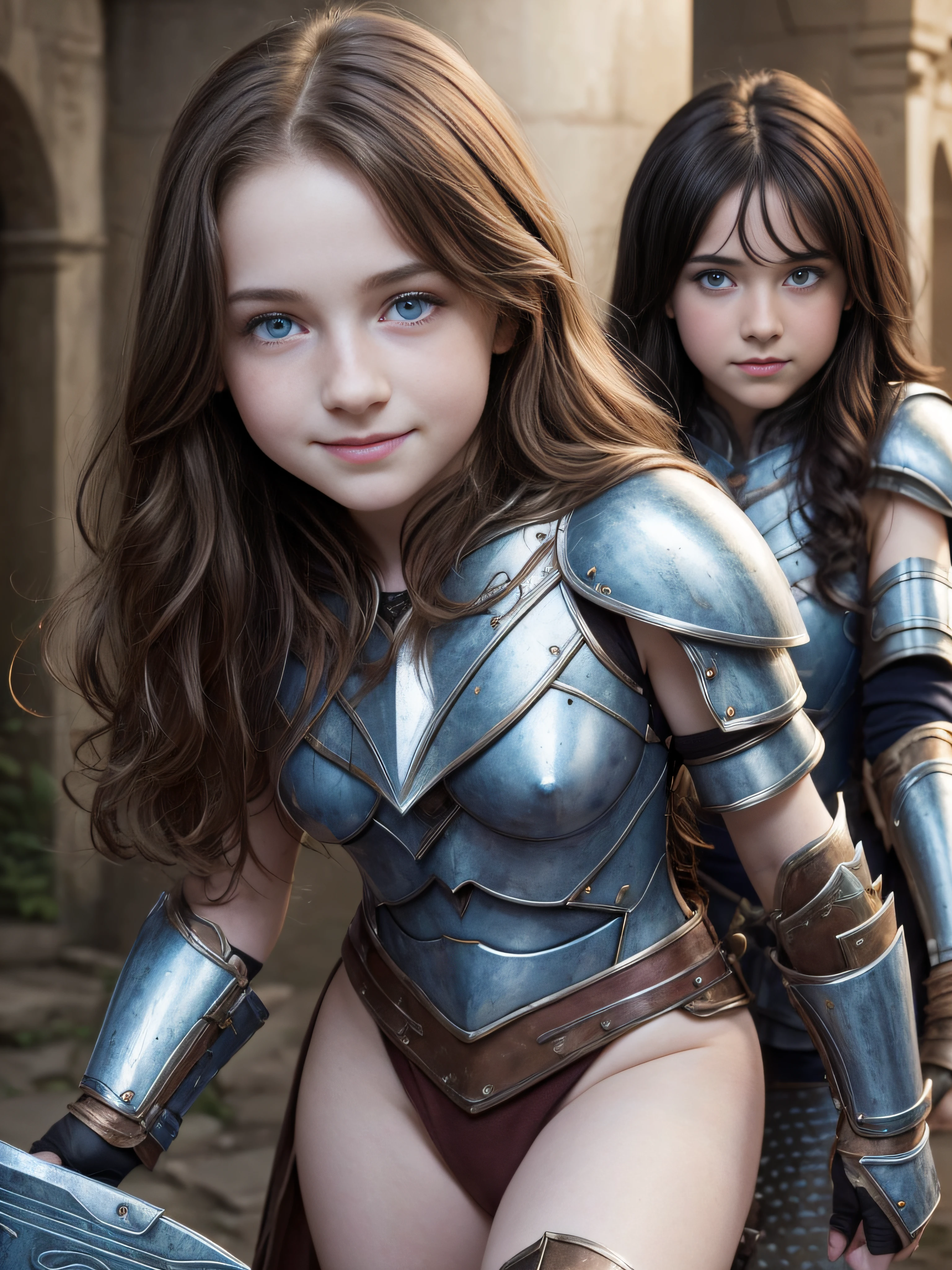 ((high resolution)), ((pale skin)), freckled, brunette ((11 year old)) girl, with blue eyes, blushing cheeks, wavy hair, smiling, naked, as a fantasy warrior, sexy armor