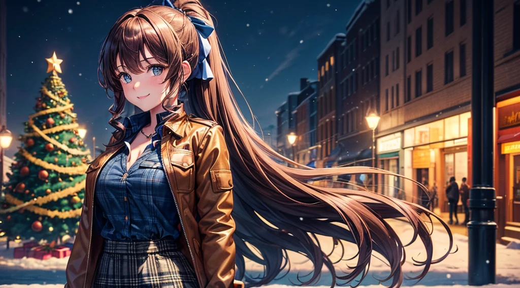 1girl, solo, full body, christmas, ((christmas tree)), street, night, lights, snow, long hair, brown hair, curly hair, ponytail, large breasts, button down, ((opened brown zipper jacket)), dark blue eyes, ((blue shirt)), ((checked shirt)), ((unbuttoned shirt)), ((long skirt)), smile, looking at the viewer, standing, hair ribbon