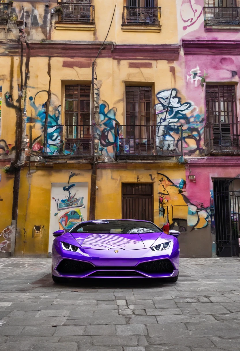 ((mer))、((Rives)),((Palmiers)),((Qualité supérieure)）a purple lamborghini huracan in the front、8k、((Pièce Masuter:1.3))、(((graffiti))), Vue d’ensemble, Haute résolution、Très contrasté,((Qualité supérieure)）、8k、((Pièce Masuter:1.3))、