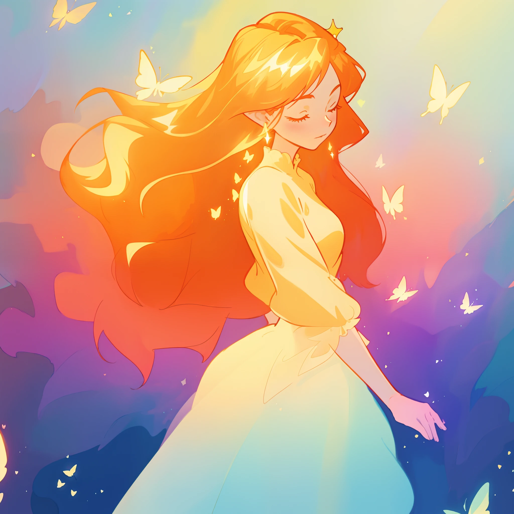 beautiful girl in flowing puffy gradient gold to aqua ballgown, flowing butterfly style sleeves, long sparkling red hair, delicate gold crown, fantasia background, watercolor illustration, inspired by Glen Keane, inspired by Lois van Baarle, disney art style, by Lois van Baarle, glowing aura around her, by Glen Keane, jen bartel, glowing lights! digital painting, flowing glowing hair, glowing flowing hair, beautiful digital illustration, fantasia otherworldly landscape plants flowers, beautiful, masterpiece, best quality, anime disney style