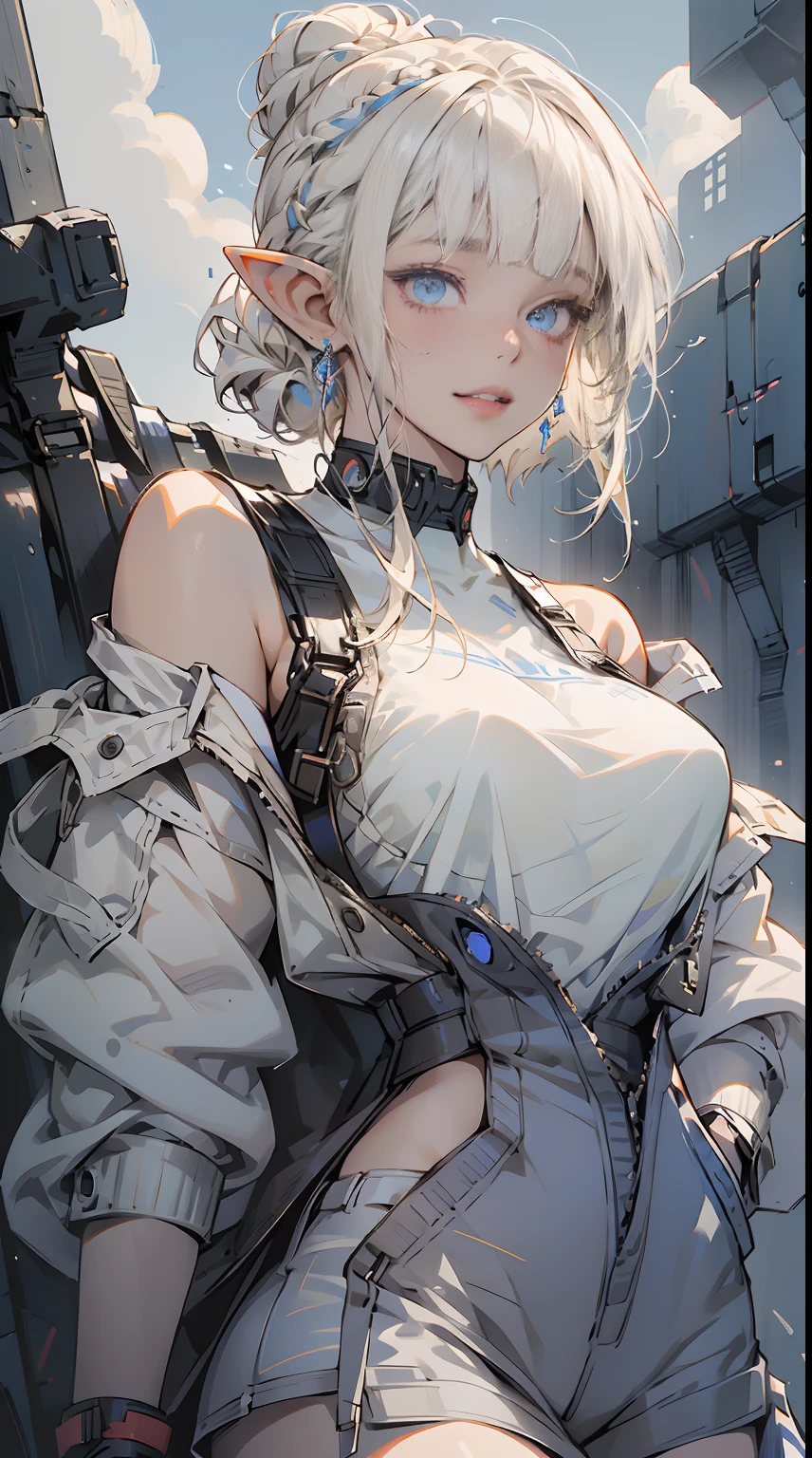 (1 girl), (beauty elf), Ordinary worker, big breasts, perfect body, overalls, light smile, fresh, messy, (asymmetrical bangs:1.3), Braid Bun, highly detailed face and eyes, Perfect lips, (white blonde hair, Deep Blue Eyes:1.2), cyberpunk, sci-fi, tech wear, character portrait, bare shoulders, intricate, Dawn, morning, sunlight, tree in an enchanted woodland, Bright clouds, digital art, Aesthetic, cinematic Lightning, by Yusuke Murata.