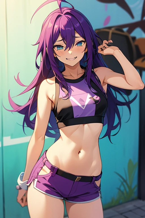 long hair, mole under mouth, purple hair,  hair between eyes, aqua eyes, sharp teeth, ahoge, 1girl, blush, smile, graffiti, crop-top, shorts, street-style, navel, thighs, sexy