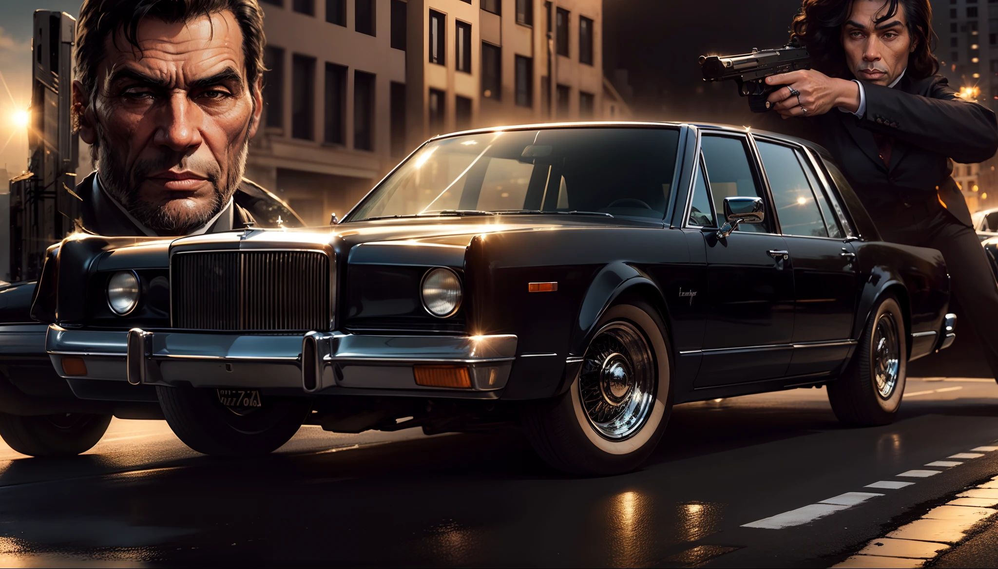 Um imponente, Lincoln Continental classic black in the foreground, behind a close-up of a gangster armed with a pistol and a beautiful gangster woman holding a pistol and the sun and buildings of a street in the USA