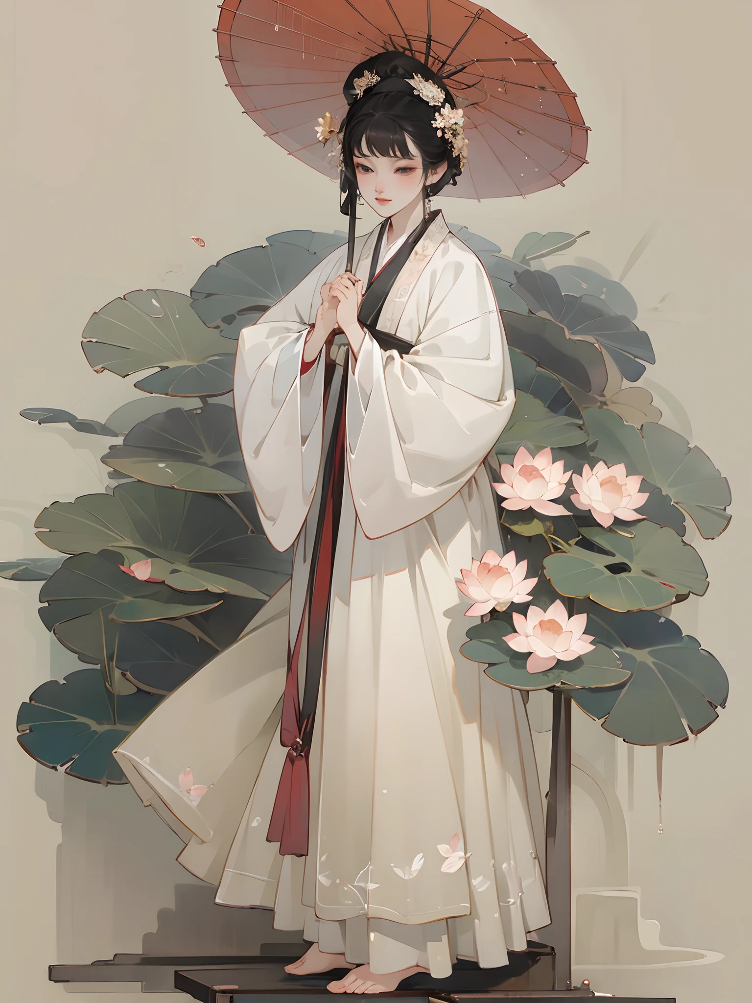 ((4K,Masterpiece,Best quality)), water ink, Traditional Chinese painting, lotus flower,very heavy rain,Hanfu, , Dress conservatively 1girl, Solo, cabelos preto e longos, streaming tears, standing on your feet, feet in water, The barefoot,