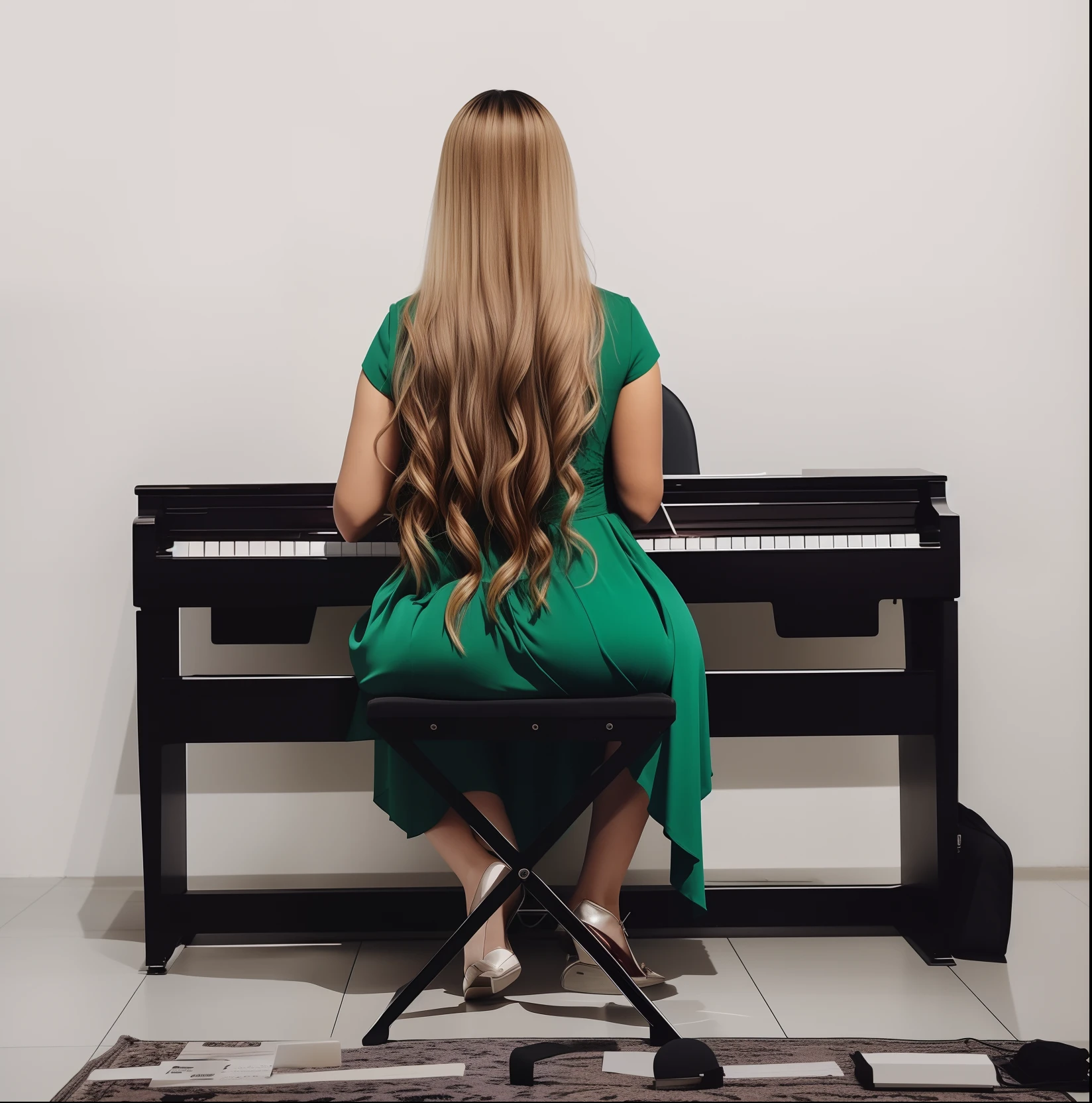 There's a woman sitting on a plane playing a song, plano ao fundo, tocando plano, pianista, plano completo, em cima de um plano, by Amelia Peláez, music being played, plano, Executar, by Gina Pellón, Directed by: Siona Shimshi, Executando um videoclipe, masterful composition!!!, Foto de um ensaio promocional