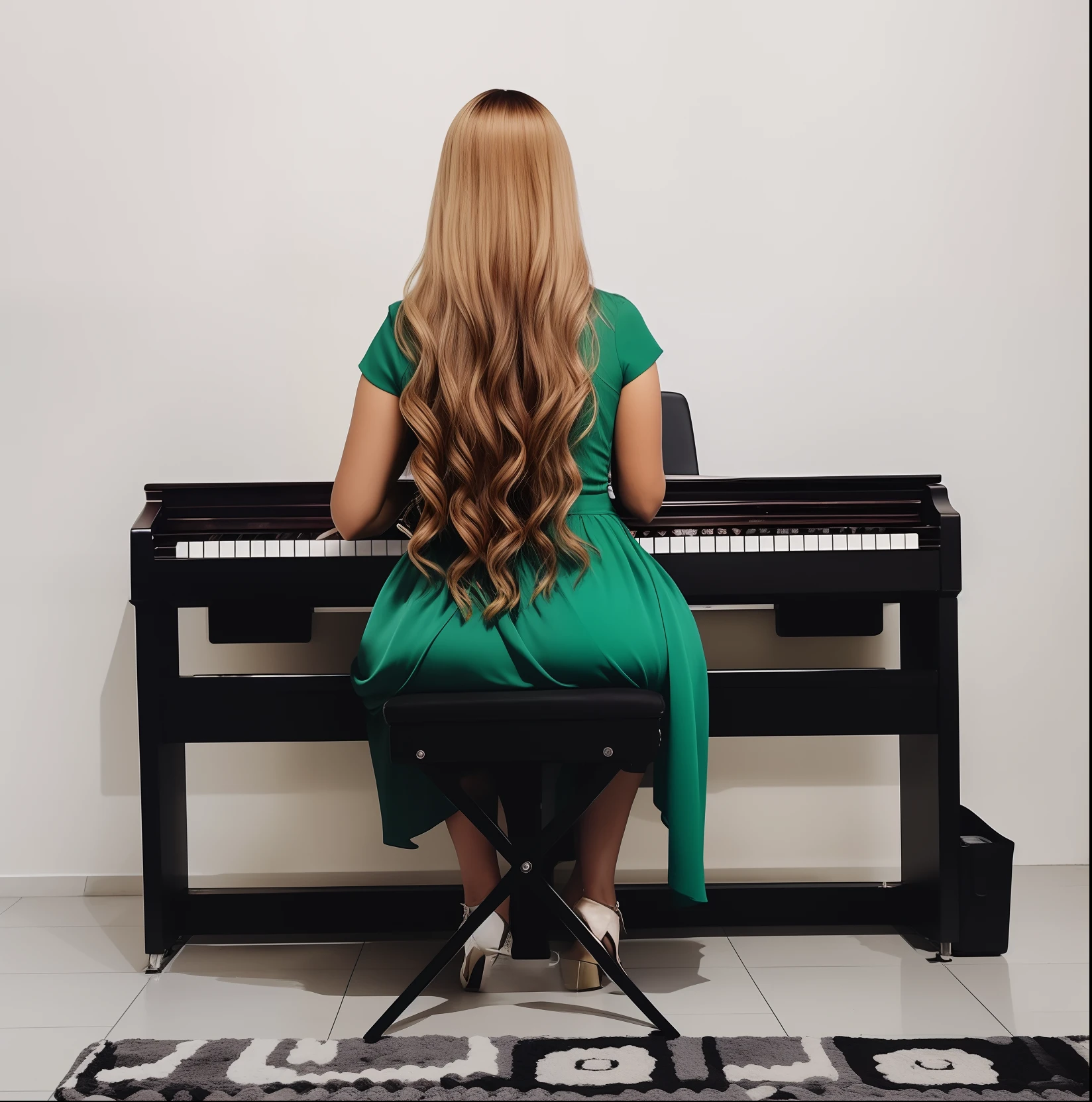 There's a woman sitting on a plane playing a song, plano ao fundo, tocando plano, pianista, plano completo, em cima de um plano, by Amelia Peláez, music being played, plano, Executar, by Gina Pellón, Directed by: Siona Shimshi, Executando um videoclipe, masterful composition!!!, Foto de um ensaio promocional