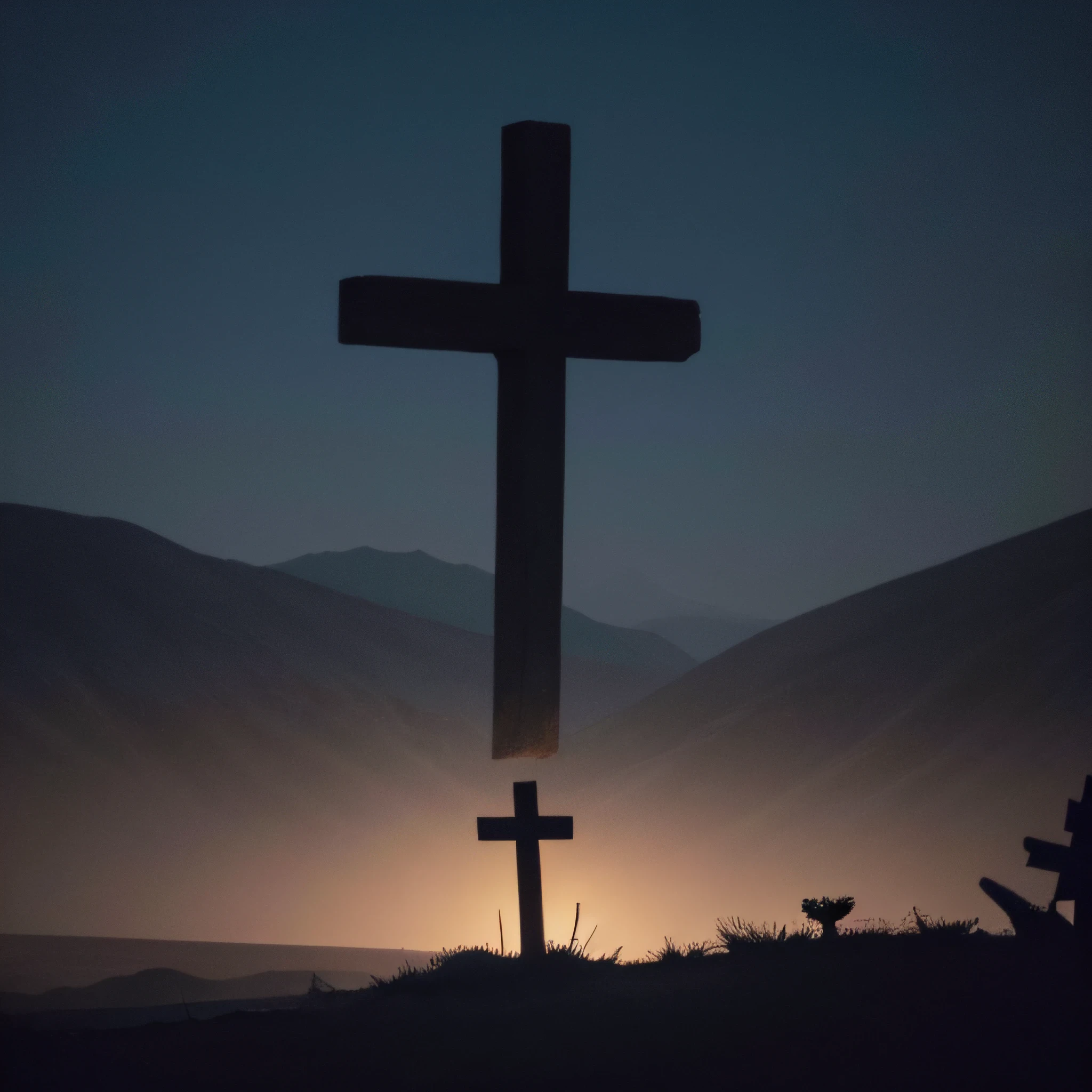 A hazy, watercolor painting depicts Golgotha - the site of crucifixion, with one bare cross stark against the ebony night sky, gallant moonlight gently caressing the most prominent one cross, shadows lurking in the background, haunting conversation of sorrow and salvation, eerie tranquility, atmospheric mood play, symbolic chiaroscuro, intense contrast, emotional narrative, paranormal realism, mystery, poetic symbolism.