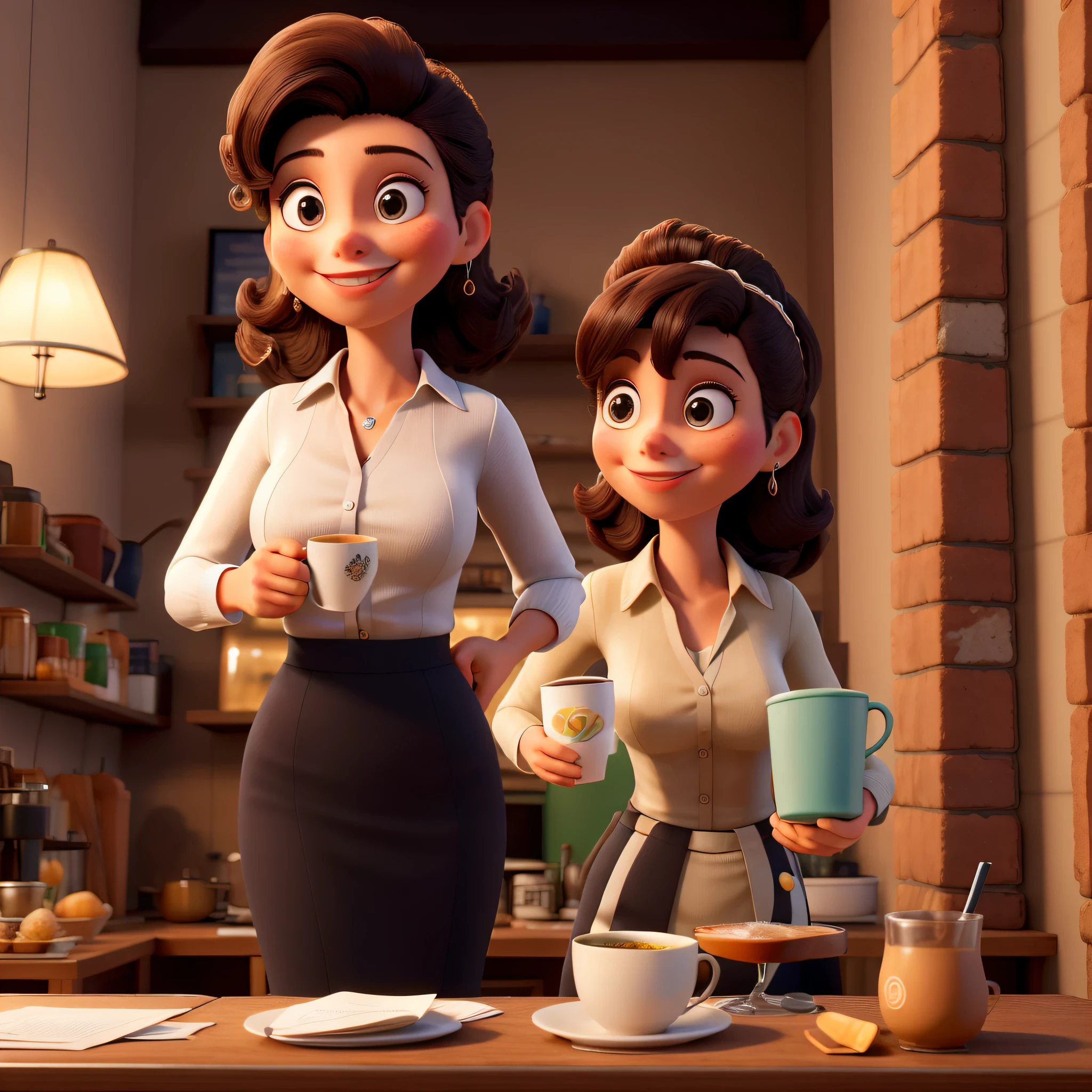 Obra-prima, melhor qualidade, Posing for photos like a businesswoman drinking coffee: Aurora Arruda, uma jovem e bem-sucedida brasileira. She's a young woman, por volta de seus 28 anos, de pele branca, cabelos lisos, longos e castanhos que atingem a cintura. Em cada retrato, Aurora will be smiling, looking directly into the camera holding a cup of coffee. You'll be dressed like a businesswoman.