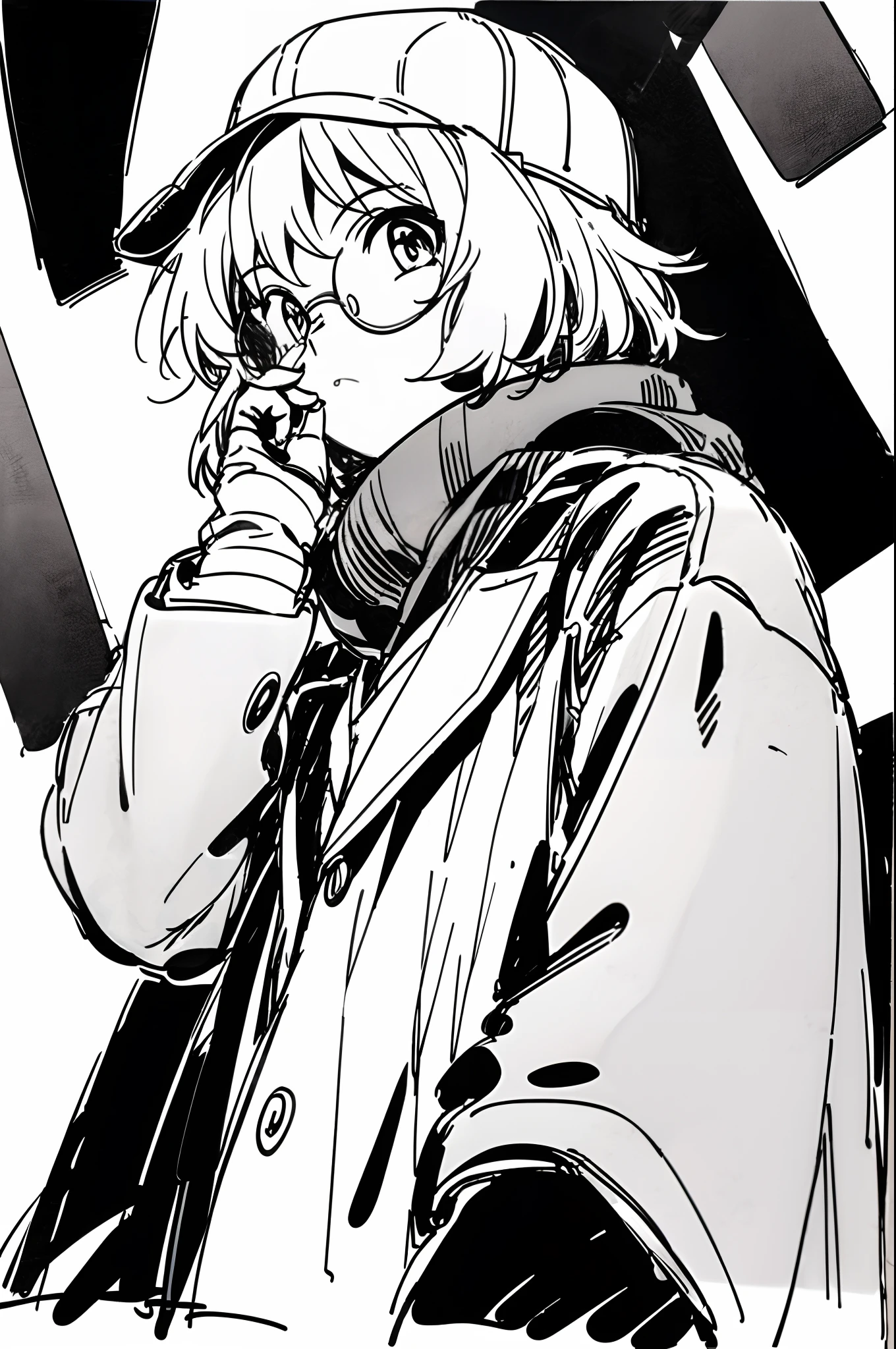 Mirai Kuriyama wearing a coat and a cap hiding her face with her hands, ((empty background)), winter, VHS, vintage, red glasses, manga style, white background, ((monochrome)), far away shot, (sketch), long sleeves, 1girl, looking up, casual clothes