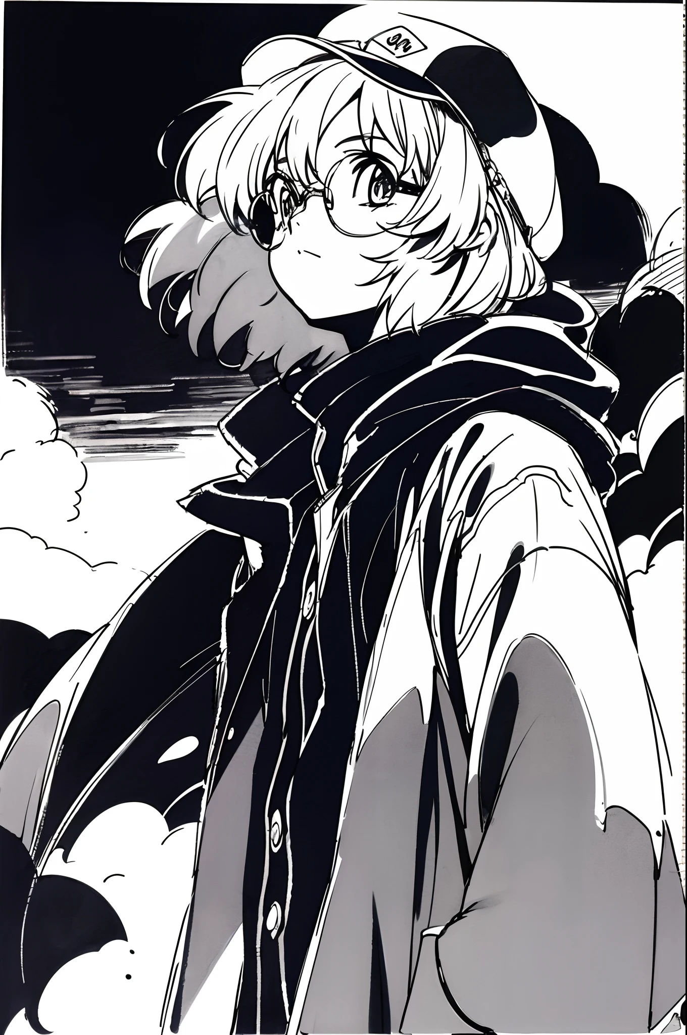 Mirai Kuriyama wearing a coat and a cap hiding her face with her hands, ((empty background)), winter, VHS, vintage, red glasses, manga style, white background, ((monochrome)), far away shot, (sketch), long sleeves, 1girl, looking up, casual clothes