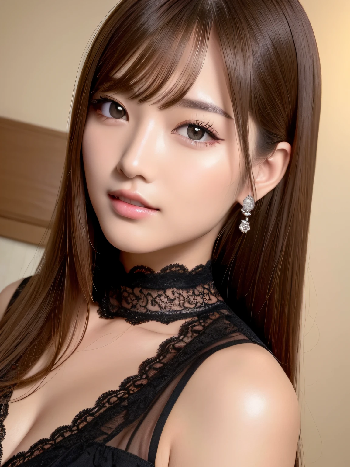 masterpiece, The highest image quality, hightquality, beautiful a girl, japanes, Japan Beauty, Popular Korean Makeup, detaileds, Swollen eyes, A detailed eye, Detailed skin, Beautiful skins, 超A high resolution, (Realistis:1.4), very extremely beautiful, Beautiful skins, slender, (A hyper-realistic), (illustratio), (hight resolution), (8K), (ighly detailed), (The best illustrations), (beautifully detailed eyes), (ultra-detailliert), (wall-paper), (详细的脸), looking at the viewers, finely detail、A detailed face、pureerosfaceace_v1、A smile、Looking straight ahead、angle from waist up、photos realistic、Bright lighting、profetional lighting、brown colored long hair、Gorgeous Black Dress、long stylish bangs、Kiss Shot