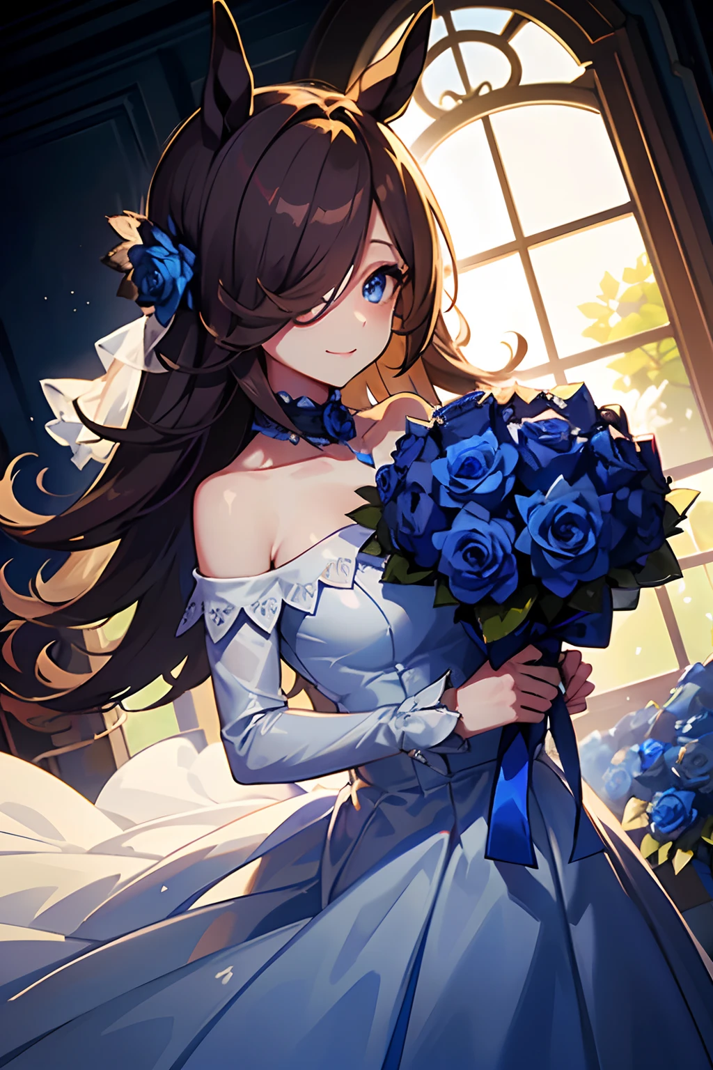(masutepiece.top-quality).(Dynamic Angle).1 girl in.Girl in white wedding dress、A dark-haired.long.Horse-eared girl.Beautiful eyes.smil.(Holding a bouquet of blue roses:1.3).(Blue petals flutter:0.8)、((Girl in white prom dress))