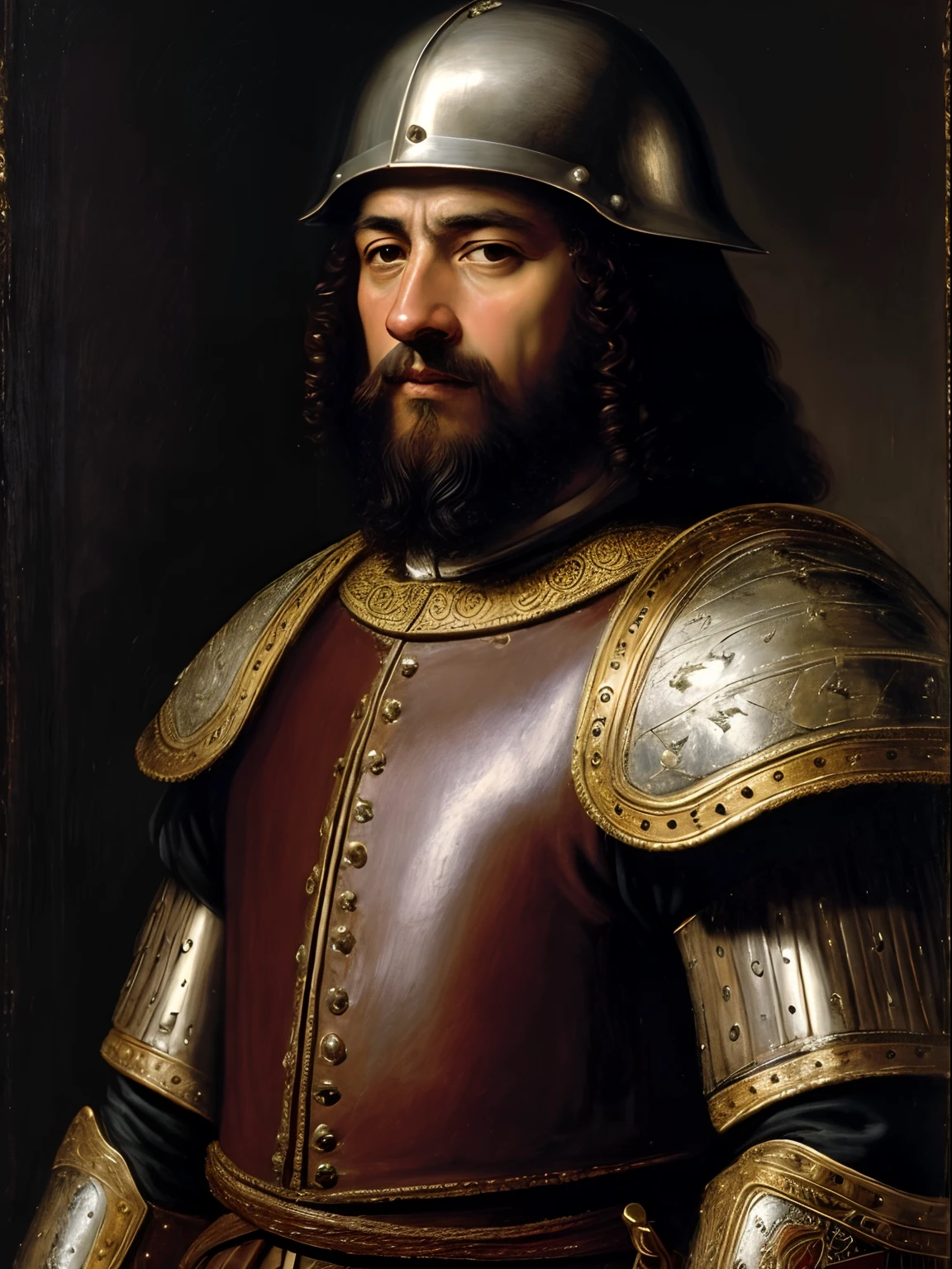 A medieval soldier in a spanish gambosin armor, day, moor, middle eastern, dark skin, middle eastern skin, african, greying hair, medieval aesthetics, sharp focus, intricate details, highly detailed, depth of field, sharp focus, high detail, Impressionism, no helmet or hat, Detailed oil painting, Glazing, Tenebrism, scumbling, oil painting, baroque style, by Rembrandt, by Artemisia Gentileschi