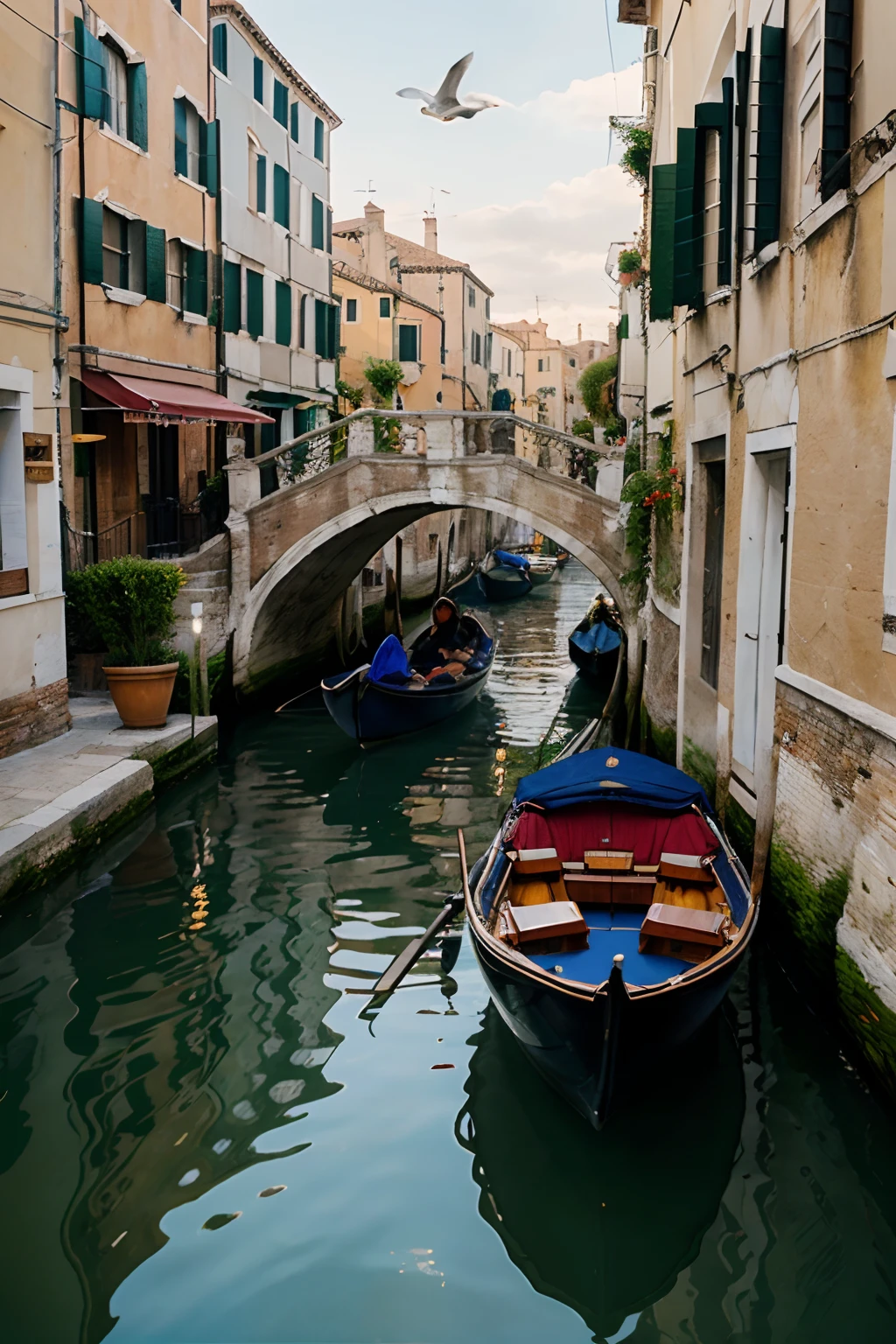 (best quality,4k,8k,highres,masterpiece:1.2),ultra-detailed,(realistic,photorealistic,photo-realistic:1.37),Venice at sunset,gondolas,vaporettos,reflected canals,serene atmosphere,vibrant colors,golden hues,romantic vibes,glowing lights,ripples in water,silhouettes of buildings,Italian architecture,stunning skyline,dreamy setting,peaceful ambiance,evening glow,boats gliding on water,ornate bridges,calm waters,gentle breeze,seagulls flying overhead,sparkling reflections,canals winding through city,iconic gondoliers,authentic Venetian experience,hidden alleyways,waterfront cafes,cozy atmosphere,whisper of romance,ethereal beauty,watercolor-like painting,postcard-worthy scene,magical ambiance