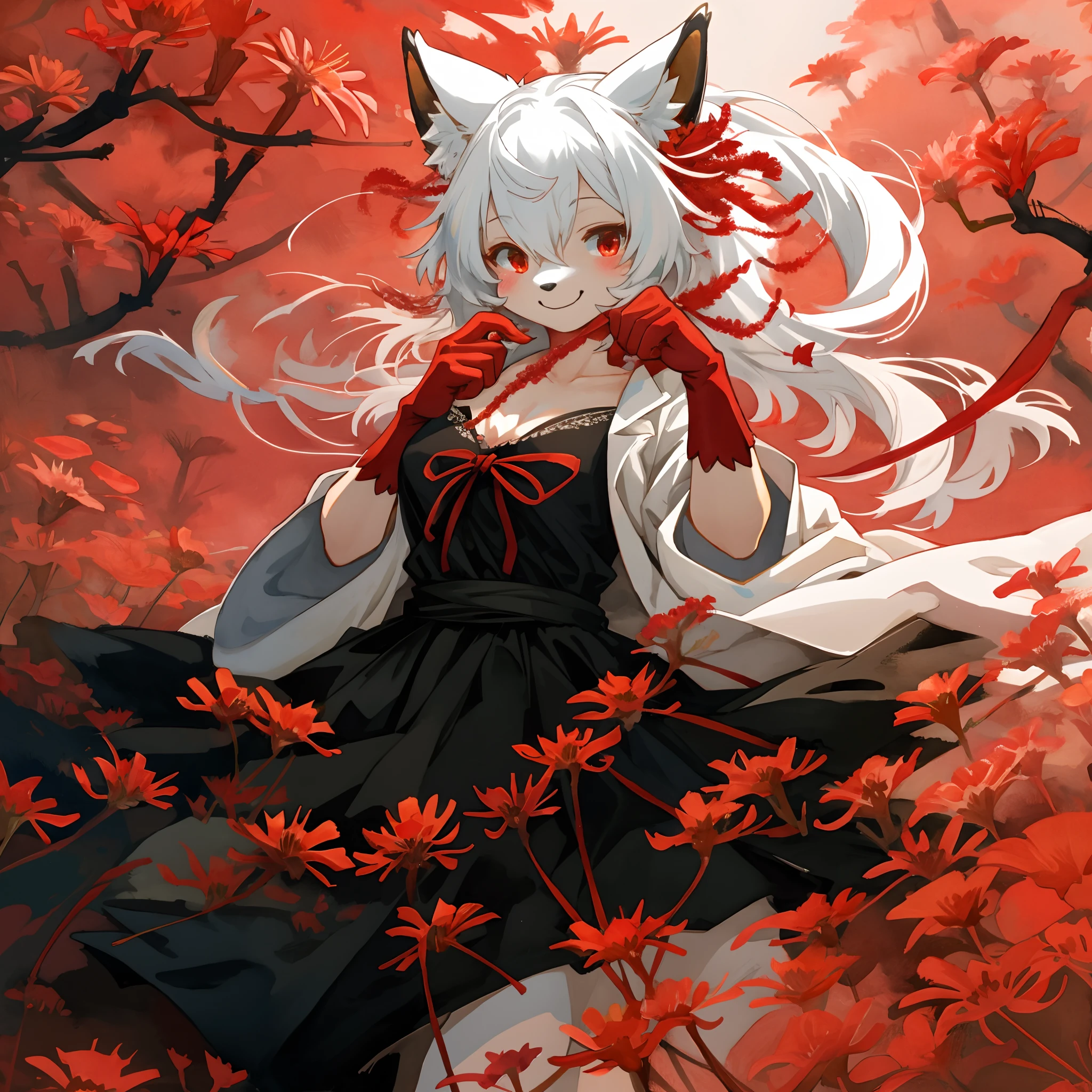 watercolor, highres, top quality, best quality, paid reward available, High-quality illustrations, unparalleled masterpiece, perfect artwork, absurdres, 1girl, kemono, furry, detailed body fur, animal face, animal hand, Archaic Smile, holding a cluster of red spider lilies in both hands, which are positioned at chest level, She is wearing a simple ring on the ring finger of her left hand, unfocused spread of red spider lilies, red coral, fan-created work shared on platforms Pixiv or Twitter,