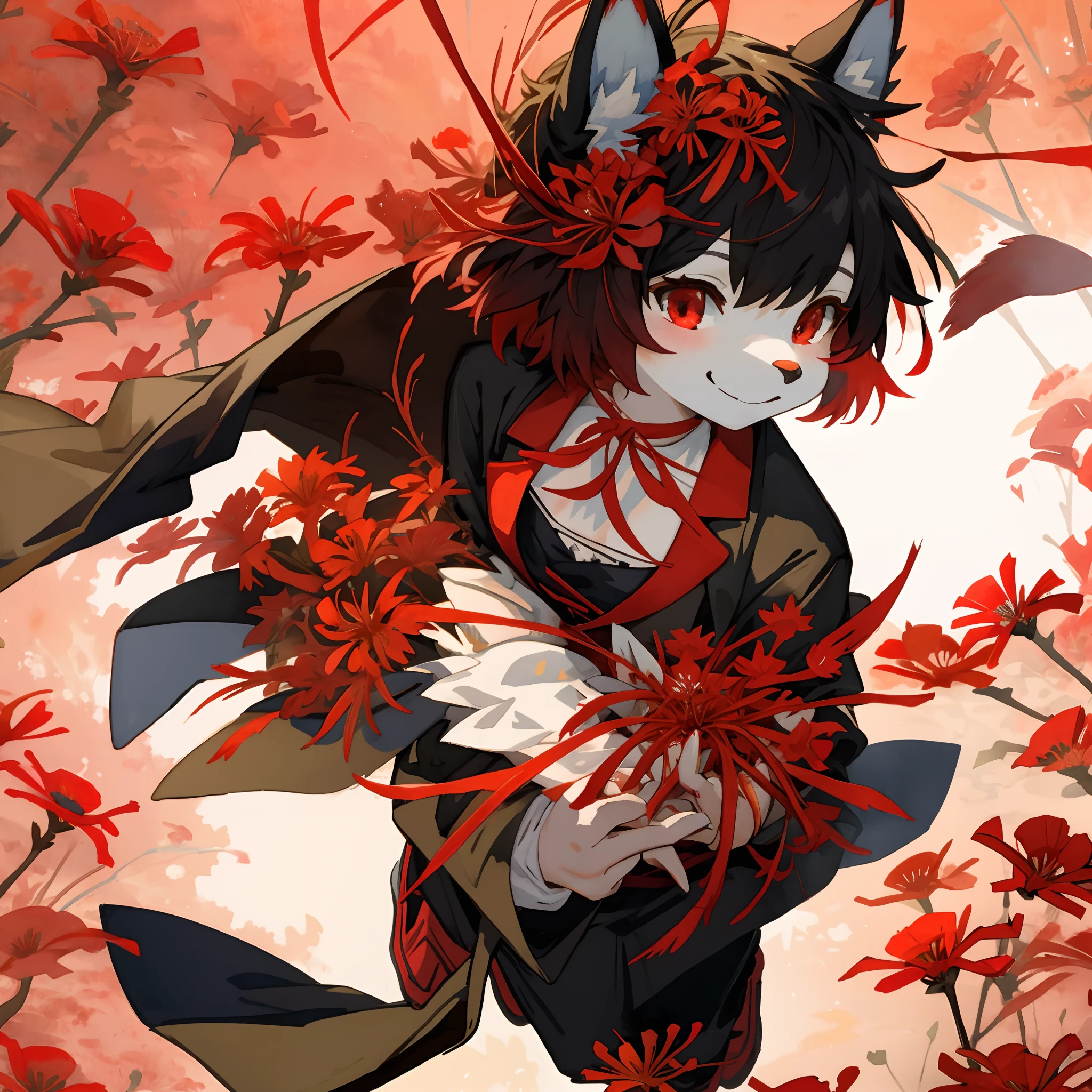 watercolor, highres, top quality, best quality, paid reward available, High-quality illustrations, unparalleled masterpiece, perfect artwork, absurdres, 1girl, kemono, furry, detailed body fur, animal face, animal hand, Archaic Smile, holding a cluster of red spider lilies in both hands, which are positioned at chest level, She is wearing a simple ring on the ring finger of her left hand, unfocused spread of red spider lilies, red coral, fan-created work shared on platforms Pixiv or Twitter,