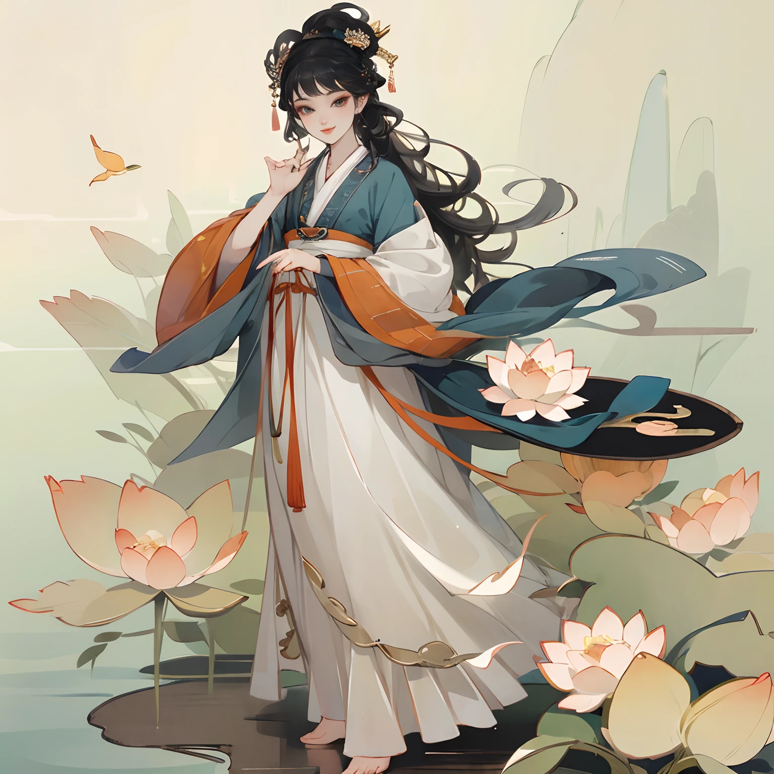 ((4k,masterpiece,best quality)), shuimobysim, traditional chinese ink painting, lotus, hanfu, maxiskit, dress conservatively 1girl, solo, long blue hair, smile, standing, feet in the water, barefoot,