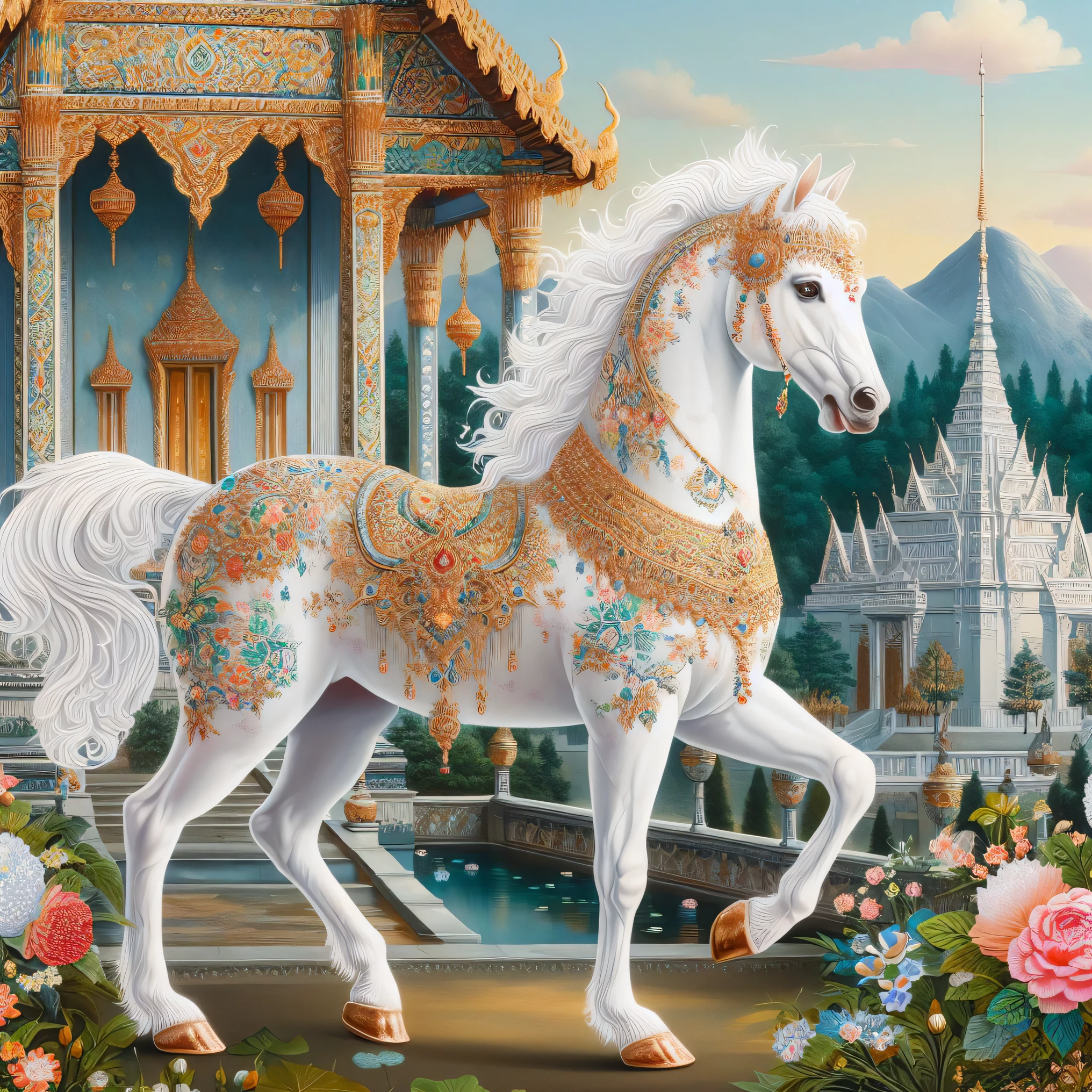painting of a white horse with a golden mane and a golden mane, white unicorn, thailand art, a painting of white silver, an all white horse, white horse, beautiful detailed intricate, beautiful detailed fantasy, fantasy highly detailed, raqib shaw, magic fantasy highly detailed, highly detailed fantasy art, beautiful animal pearl queen, inspired by Kerembeyit