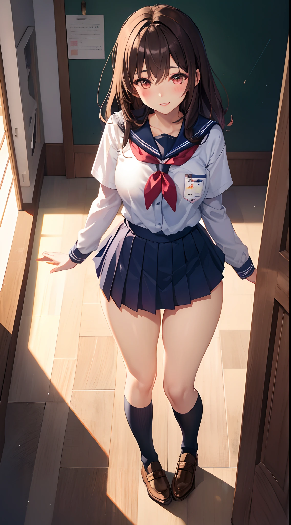 1girl in, Parted lips, blush, makeup, lightsmile, School uniform, Full body, Wide Angle, From  above, crass room, llight rays, Glow, thighs thighs thighs thighs, 鎖骨, Narrow waist, (masutepiece), Wallpaper,Wet body、Drooling、White socks、Chest about to burst、cum shots