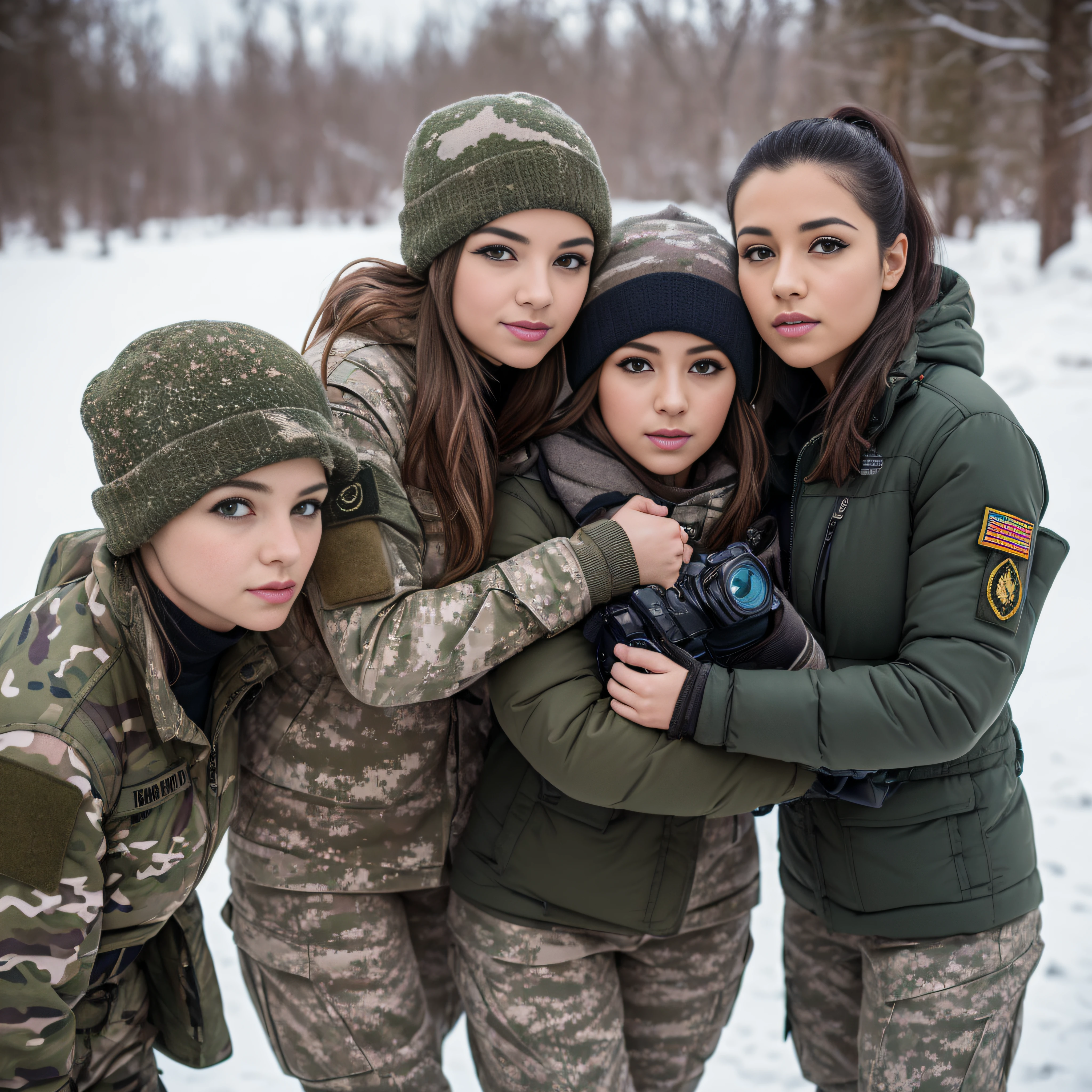 (Photorealistic), Beautiful lighting, Best Quality, Realistic, Full body portrait, real picture, Intricate details, depth of fields, 3 lesbians girls embracing , In a cold blizzard, Very muscular soldier girl with a haircut, Fatigue of the army wearing winter camouflage, Camouflage Plate Carrier Rig, Combat gloves, (Magazine Pouch), (Kneepads), ighly detailed, Perfect face, Blue eyes, Lips, wide hips, Small waist, tall, make up, Tactic, FUJI XT3, Outdoors, bright day, Beautiful lighting, Raw photo, 8K UHD, Film grain, ((Bokeh))