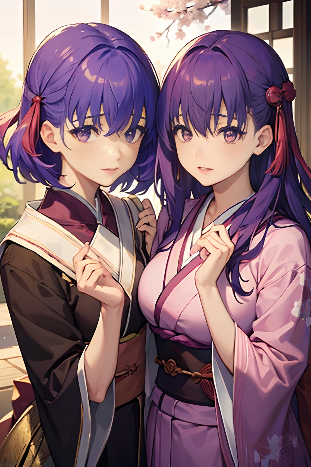 ((Two characters)), ((Two Girls)), ((Sakura Matou)), Anime, Masterpiece, Best Quality, Kimono, Princess, 8k, ultra detailed, high quality, beautiful, masterpiece, best quality, detailed face, detailed eyes,