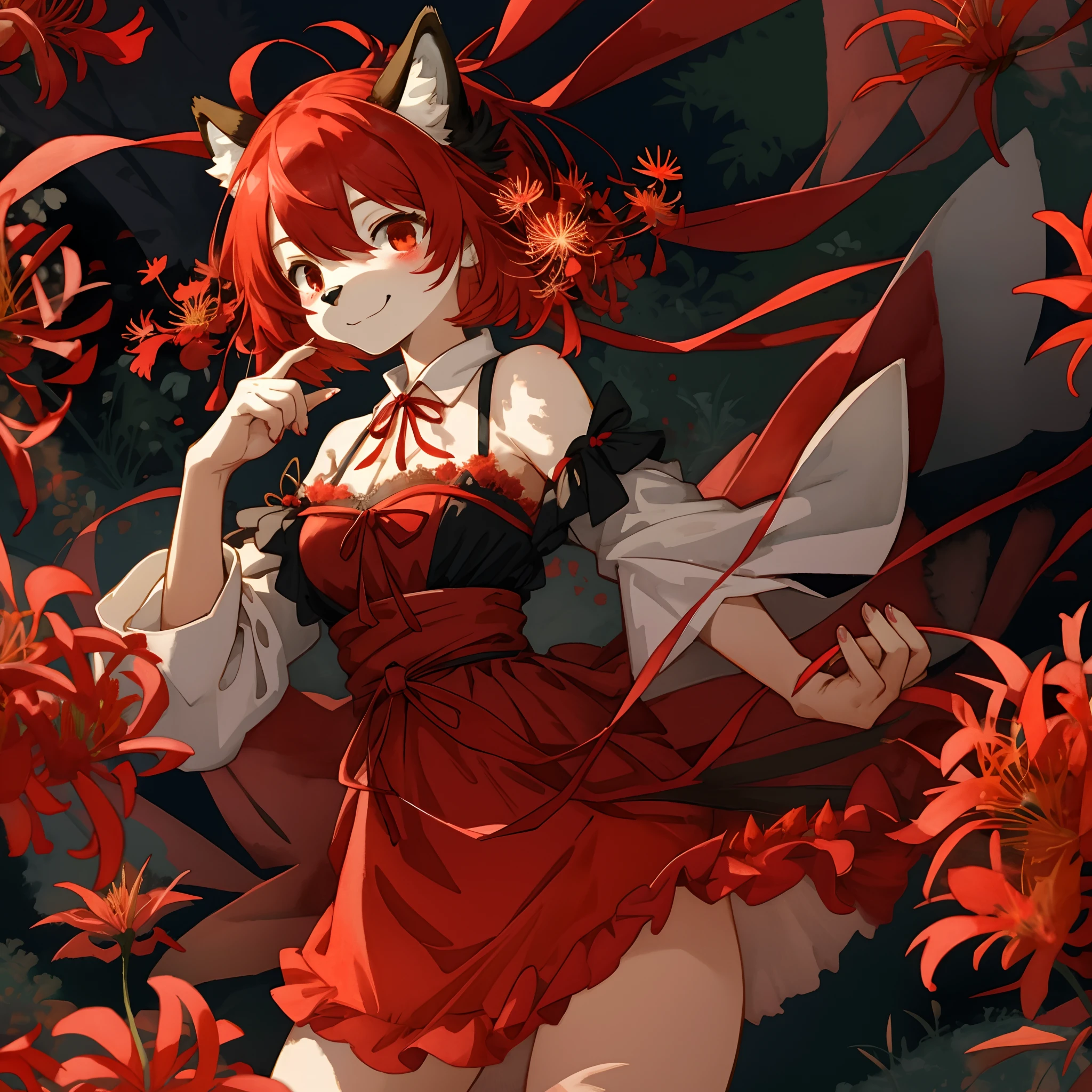 watercolor, highres, top quality, best quality, paid reward available, High-quality illustrations, unparalleled masterpiece, perfect artwork, absurdres, 1girl, kemono, furry, detailed body fur, animal face, animal hand, Archaic Smile, holding a cluster of red spider lilies in both hands, which are positioned at chest level, She is wearing a simple ring on the ring finger of her left hand, unfocused spread of red spider lilies, red coral, fan-created work shared on platforms Pixiv or Twitter,