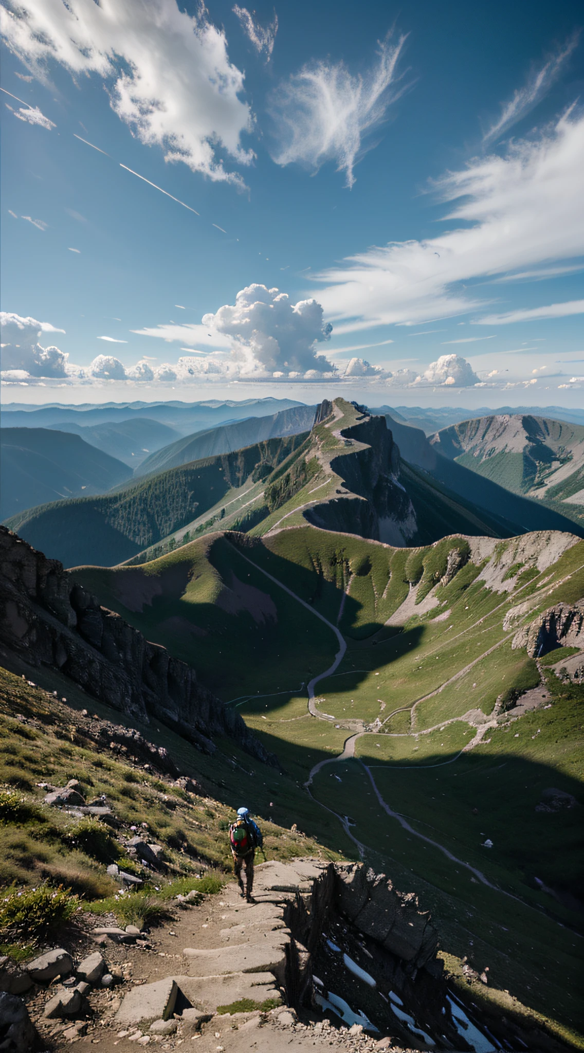 A bird's-eye view reveals a lone hiker's relentless climb up a steep mountain path, mirroring our ability to persevere and surmount life's challenges, much like the towering mountains that surround them.